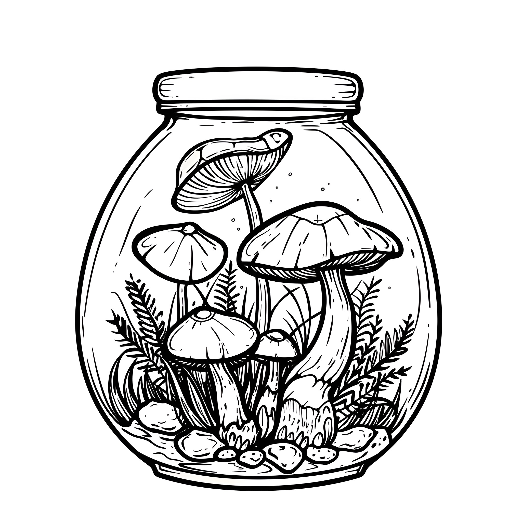 Mushrooms growing in a glass terrarium Drawing Idea (free black-and-white line drawing printable PDF for all, from beginners to advanced learners, including children, teens, adults, and seniors)