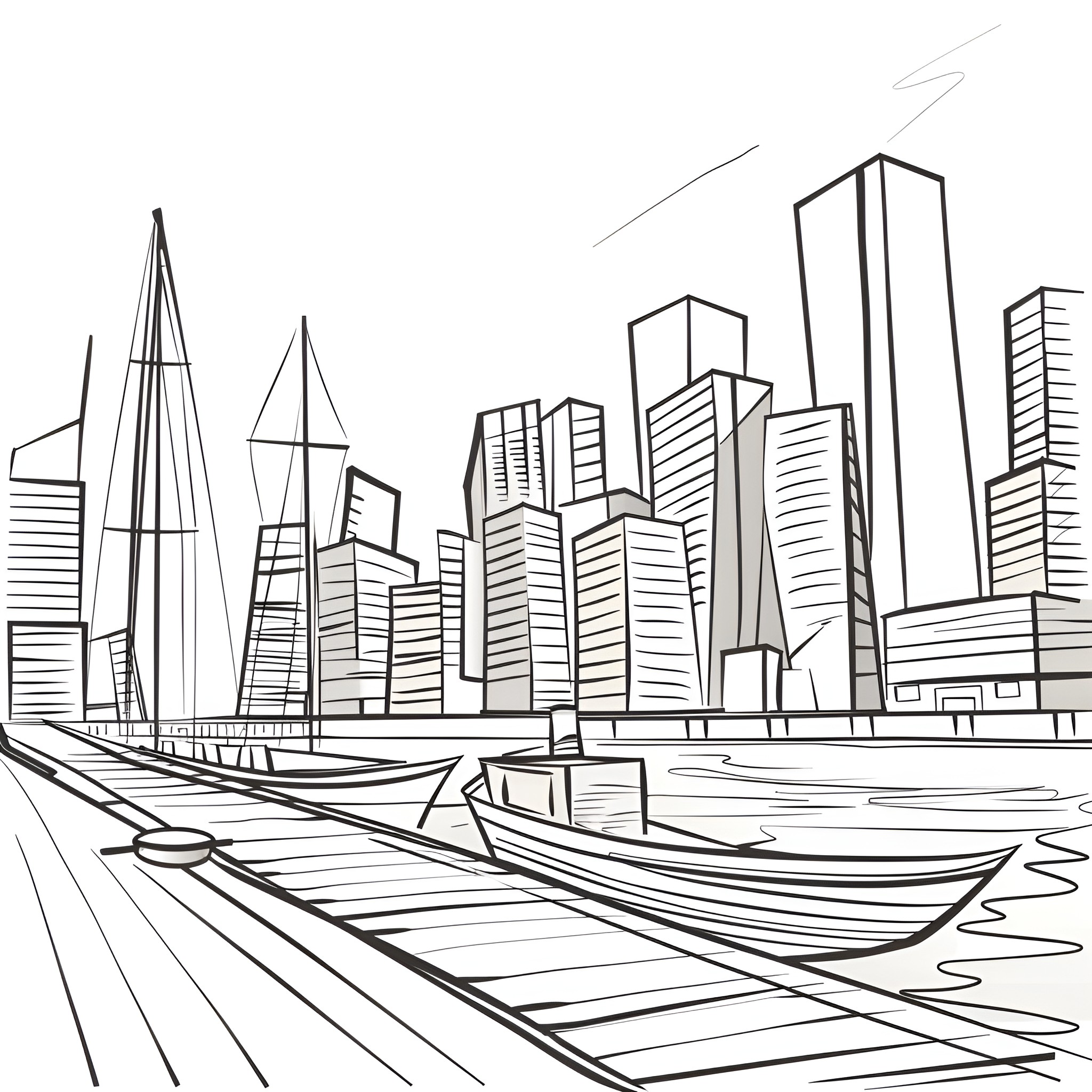 2-Point Perspective cityscape with boats Drawing Idea (free black-and-white line drawing printable PDF for all, from beginners to advanced learners, including children, teens, adults, and seniors)