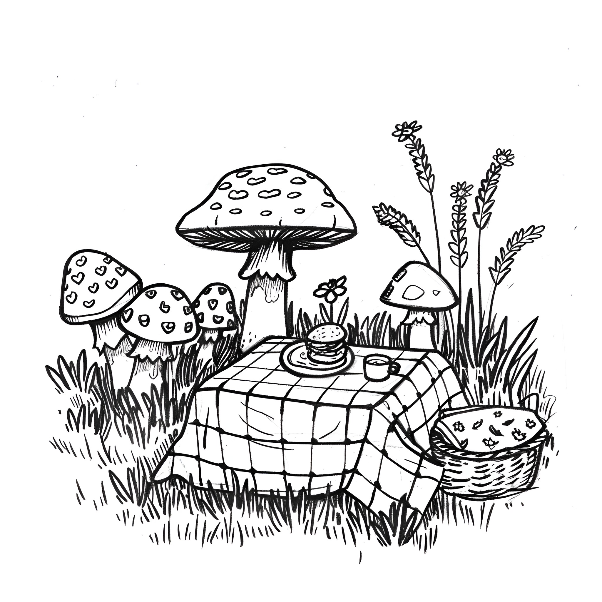 Mushrooms at a whimsical picnic Drawing Idea (free black-and-white line drawing printable PDF for all, from beginners to advanced learners, including children, teens, adults, and seniors)