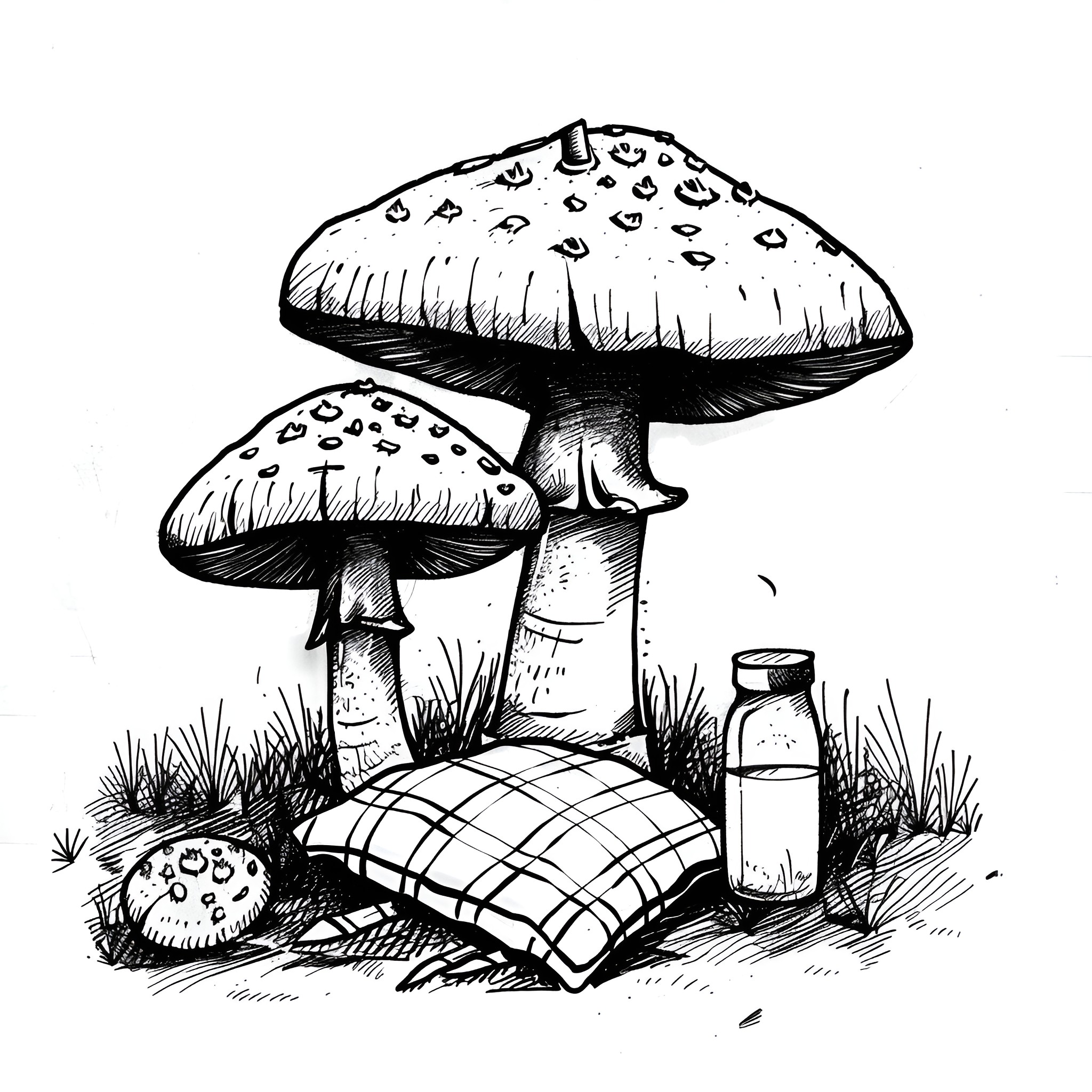 Mushrooms in forest picnic scene Drawing Idea (free black-and-white line drawing printable PDF for all, from beginners to advanced learners, including children, teens, adults, and seniors)