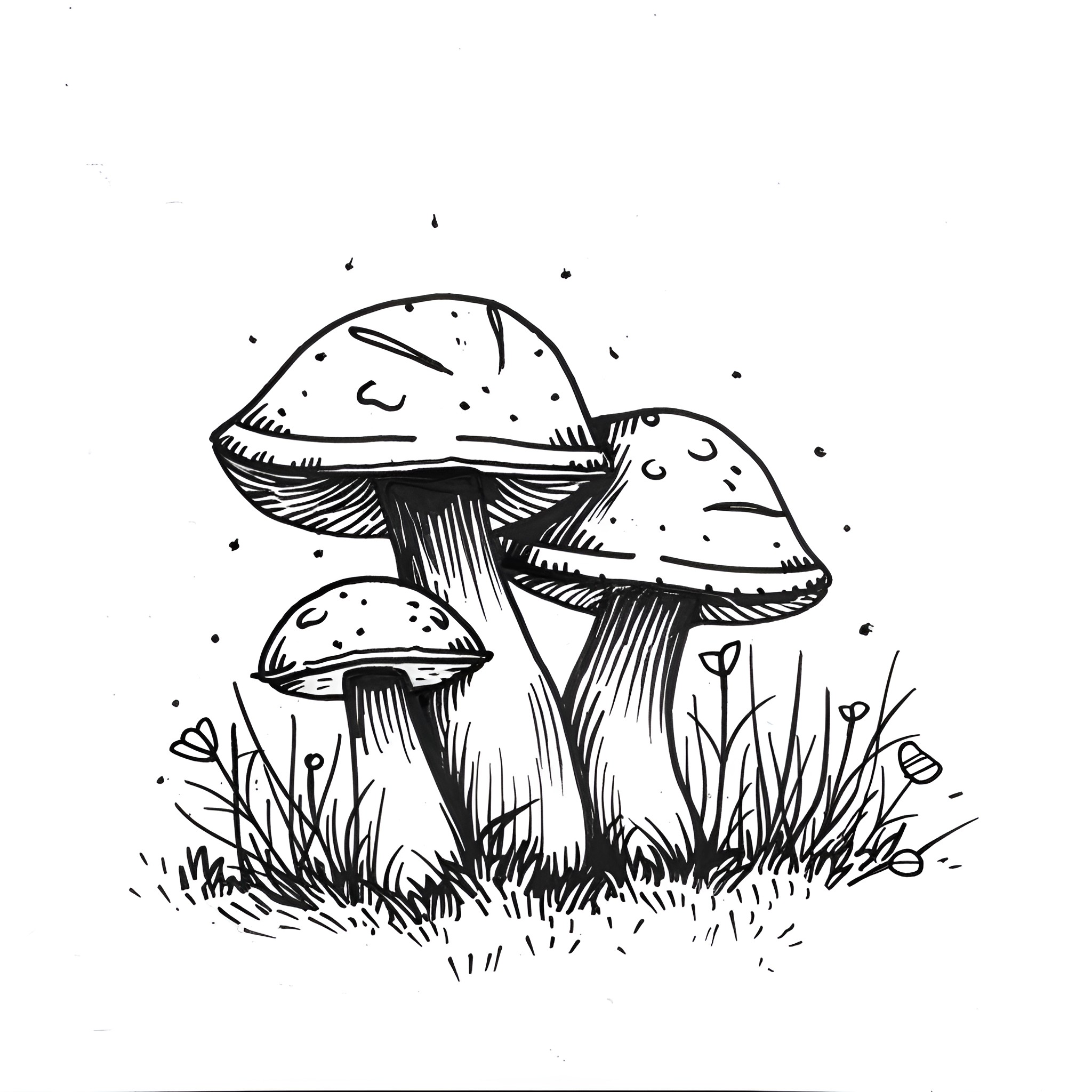 Mushrooms growing in the wild Drawing Idea (free black-and-white line drawing printable PDF for all, from beginners to advanced learners, including children, teens, adults, and seniors)