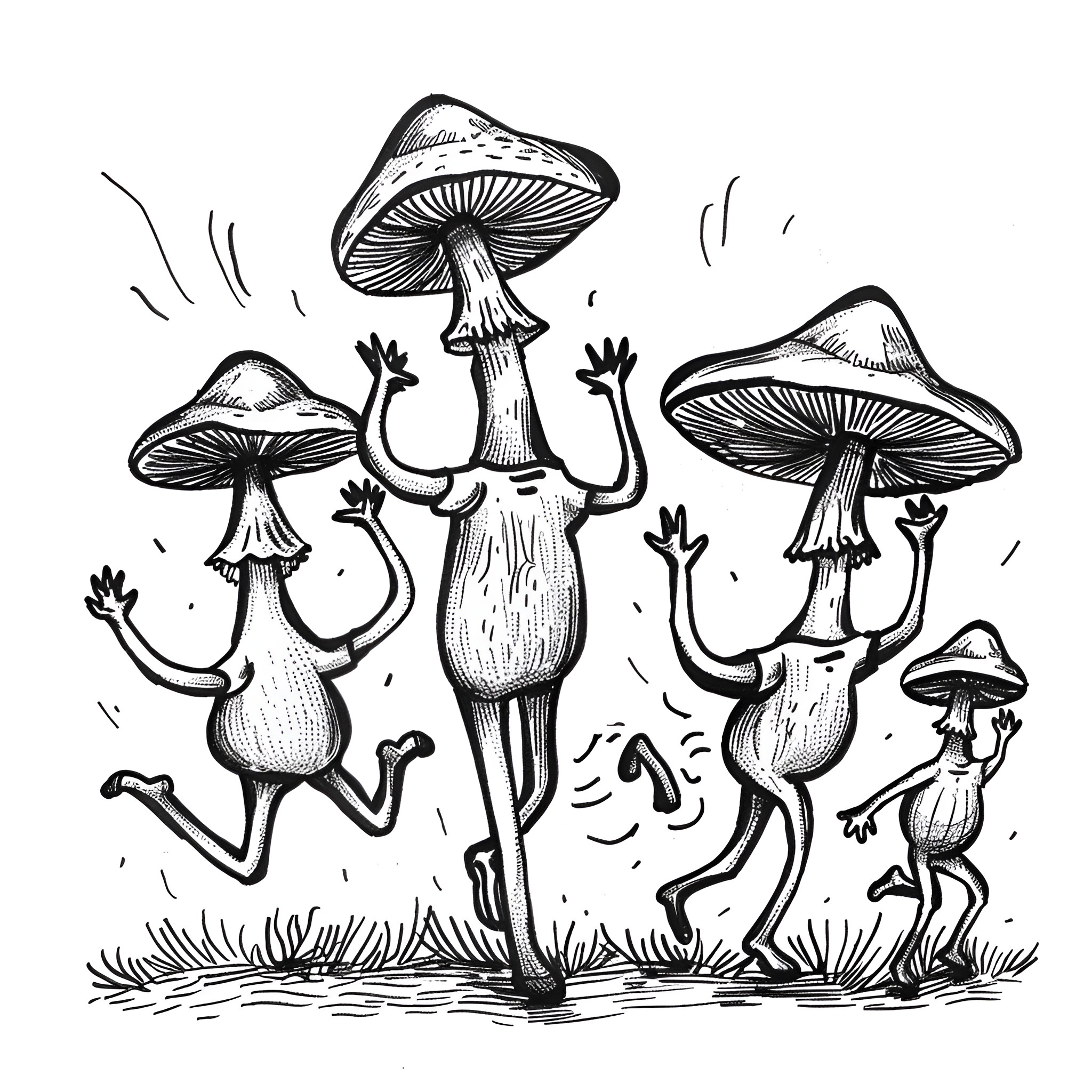 Mushrooms dancing playfully in the forest Drawing Idea (free black-and-white line drawing printable PDF for all, from beginners to advanced learners, including children, teens, adults, and seniors)