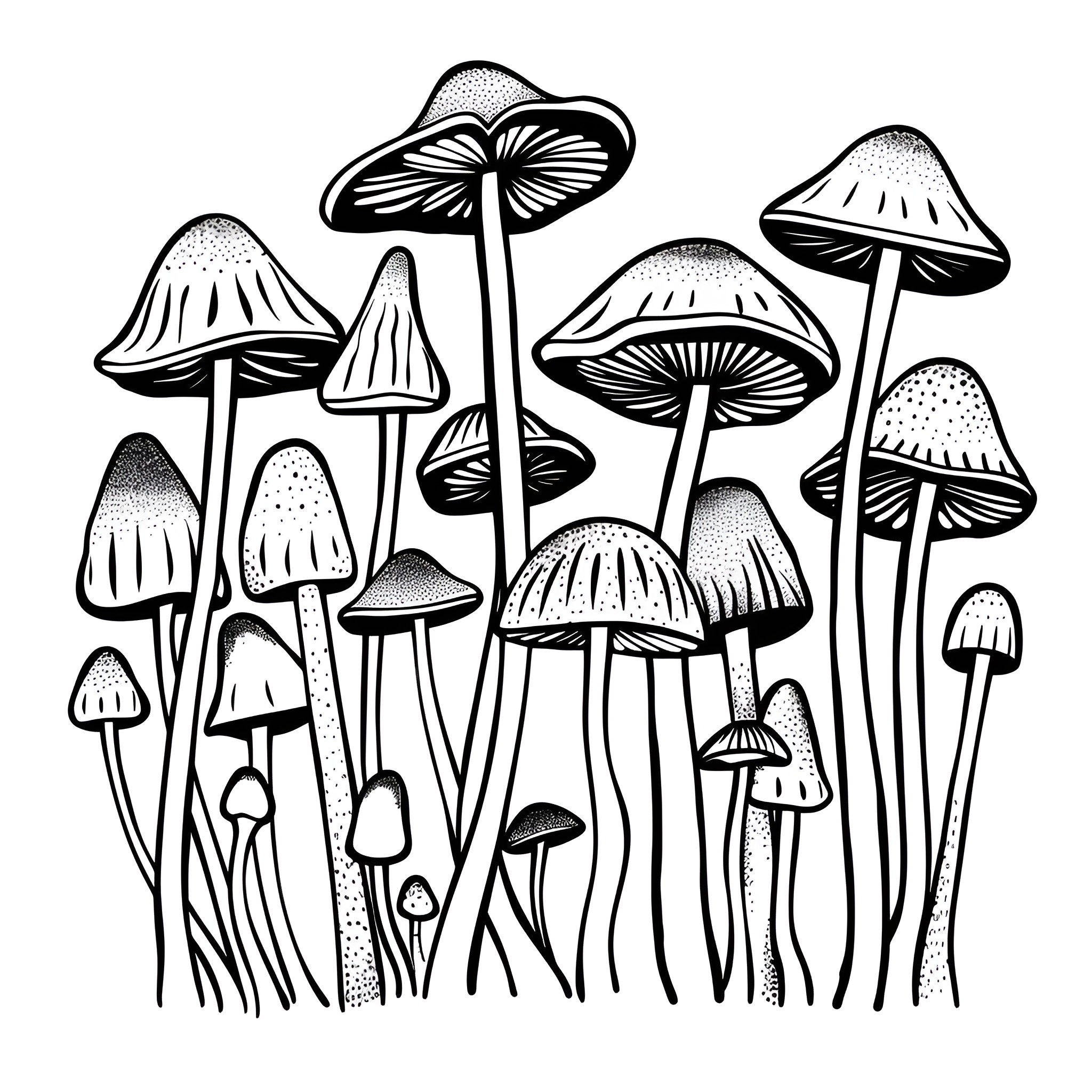 Mushrooms growing in the wild Drawing Idea (free black-and-white line drawing printable PDF for all, from beginners to advanced learners, including children, teens, adults, and seniors)
