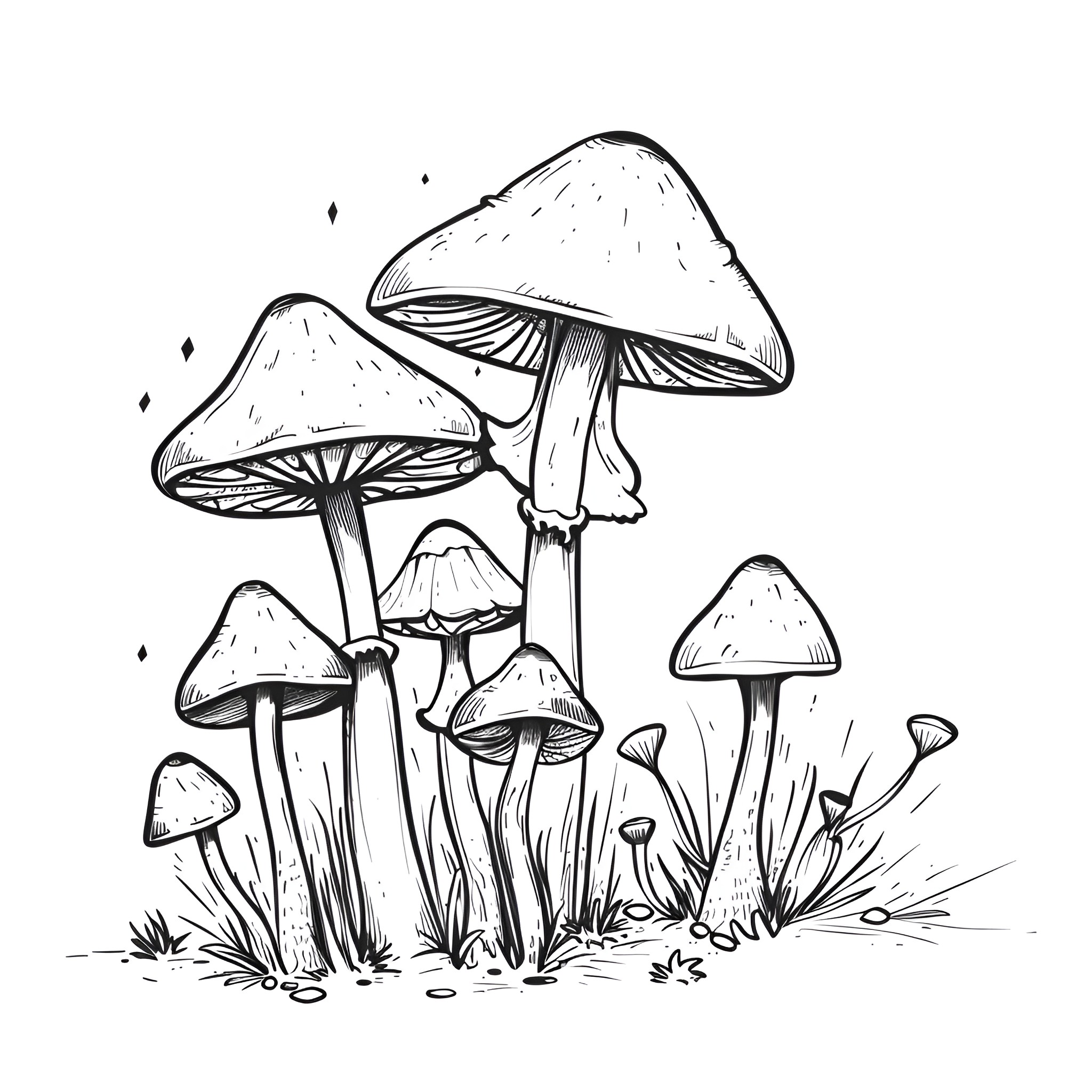 Mushrooms growing in a forest setting Drawing Idea (free black-and-white line drawing printable PDF for all, from beginners to advanced learners, including children, teens, adults, and seniors)