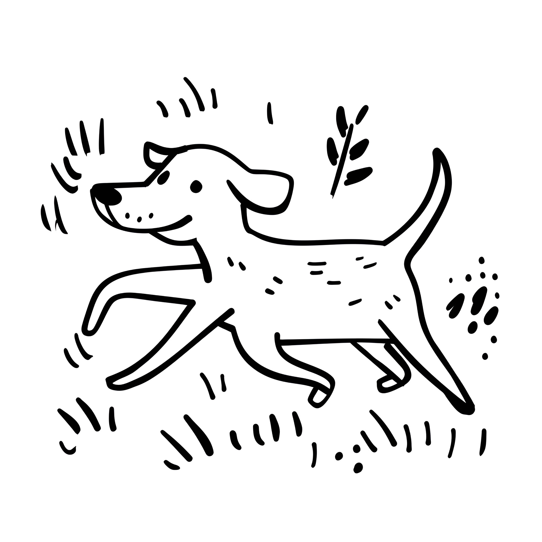 Springtime dog walking in nature Drawing Idea (free black-and-white line drawing printable PDF for all, from beginners to advanced learners, including children, teens, adults, and seniors)