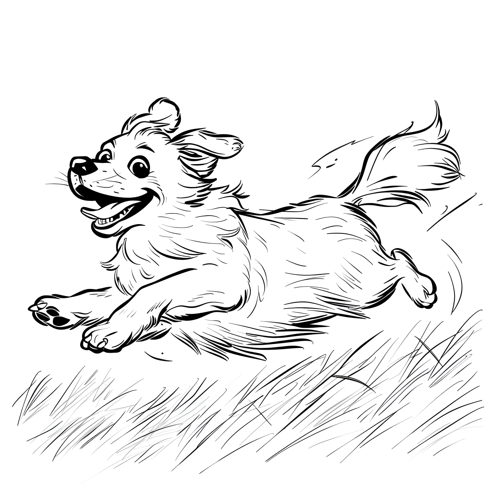 Springtime energetic puppy running through grass Drawing Idea (free black-and-white line drawing printable PDF for all, from beginners to advanced learners, including children, teens, adults, and seniors)