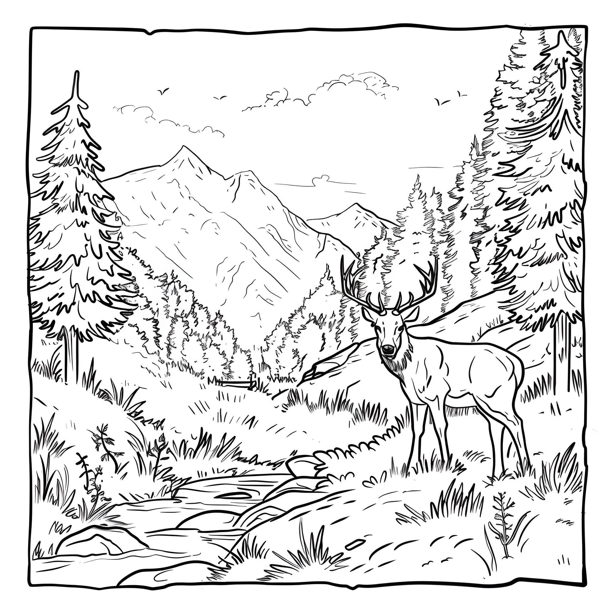 2-Point Perspective Mountain Deer Landscape Drawing Idea (free black-and-white line drawing printable PDF for all, from beginners to advanced learners, including children, teens, adults, and seniors)