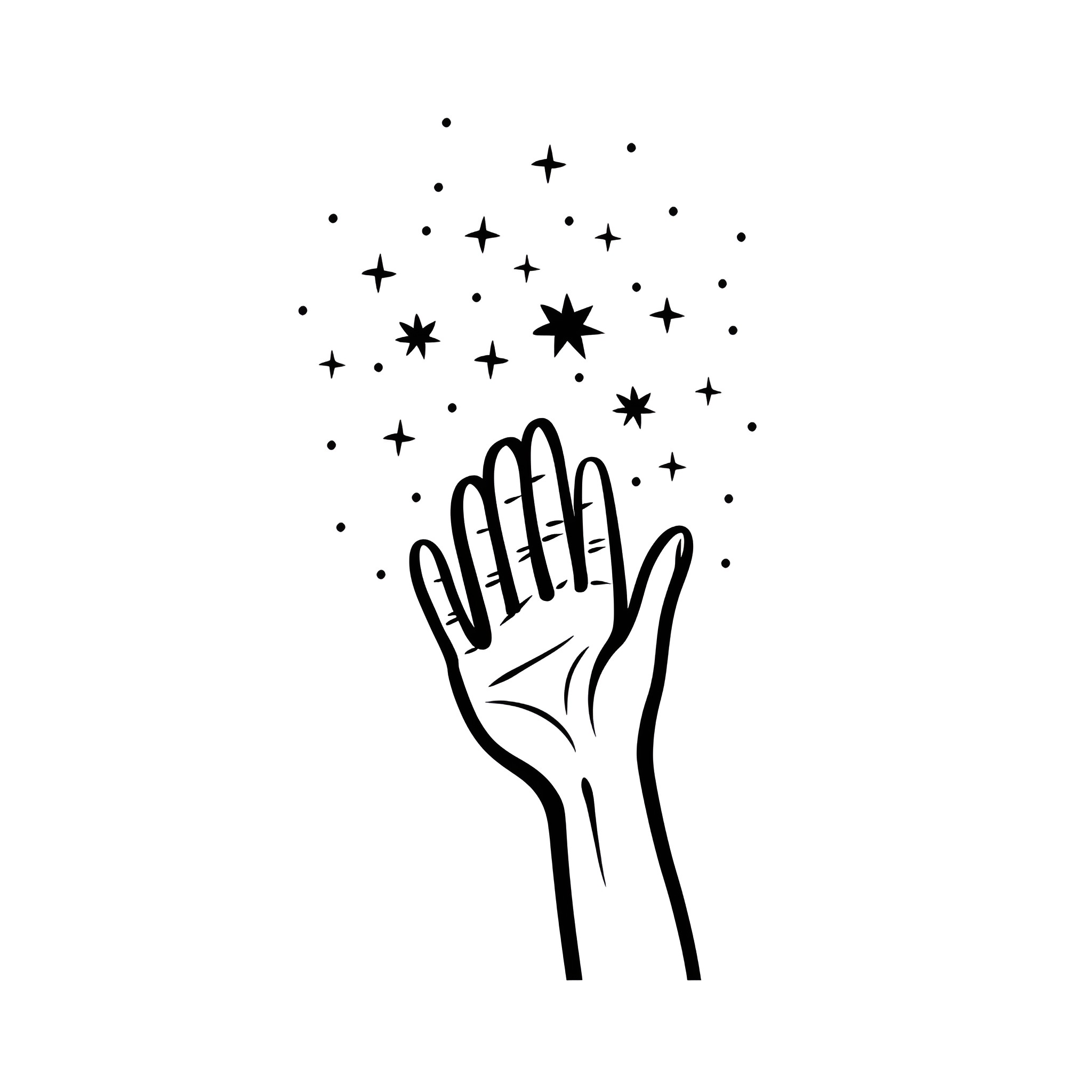 Hand Reaching for the Stars Drawing Idea (free black-and-white line drawing printable PDF for all, from beginners to advanced learners, including children, teens, adults, and seniors)
