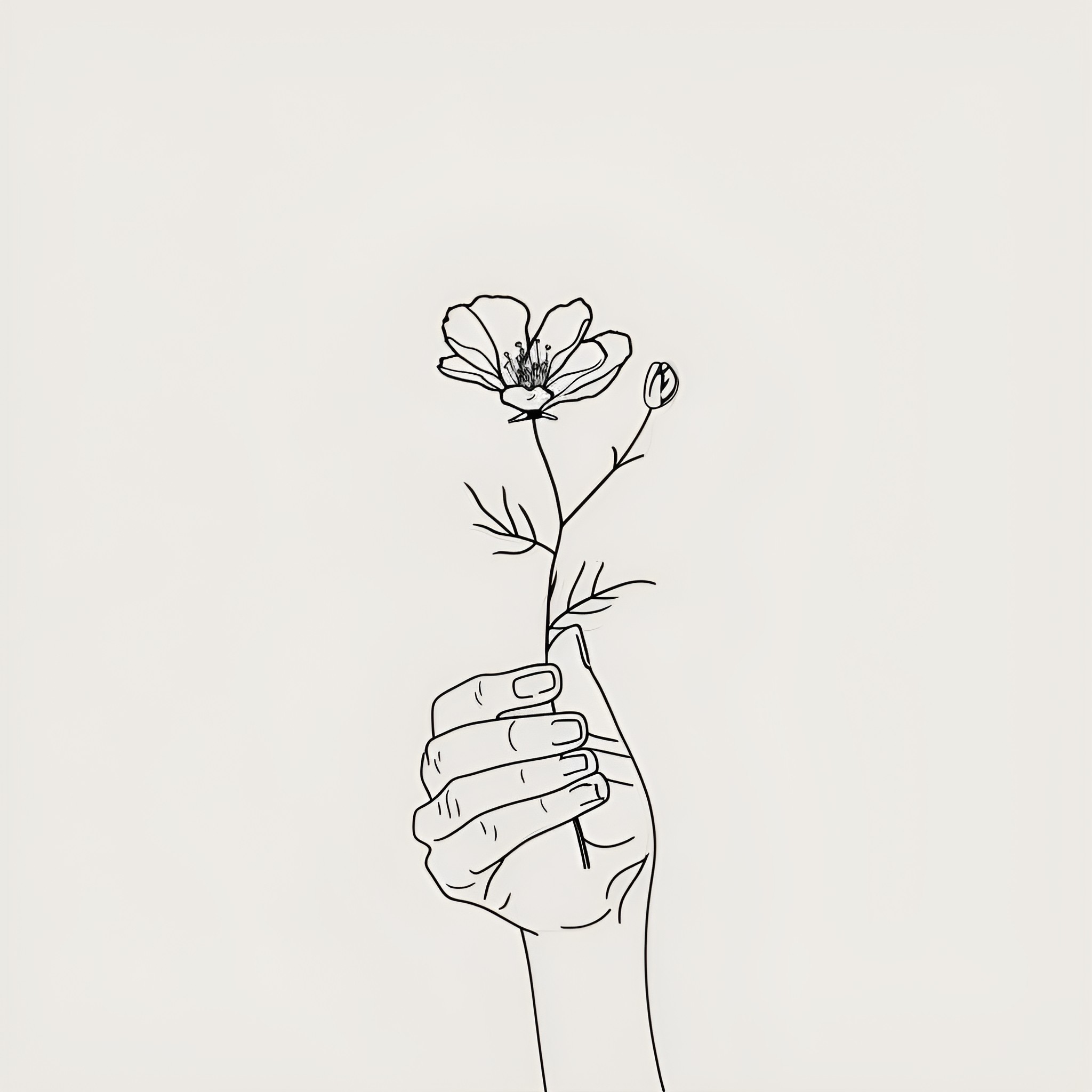 Hand offering flower in simple line drawing Drawing Idea (free black-and-white line drawing printable PDF for all, from beginners to advanced learners, including children, teens, adults, and seniors)