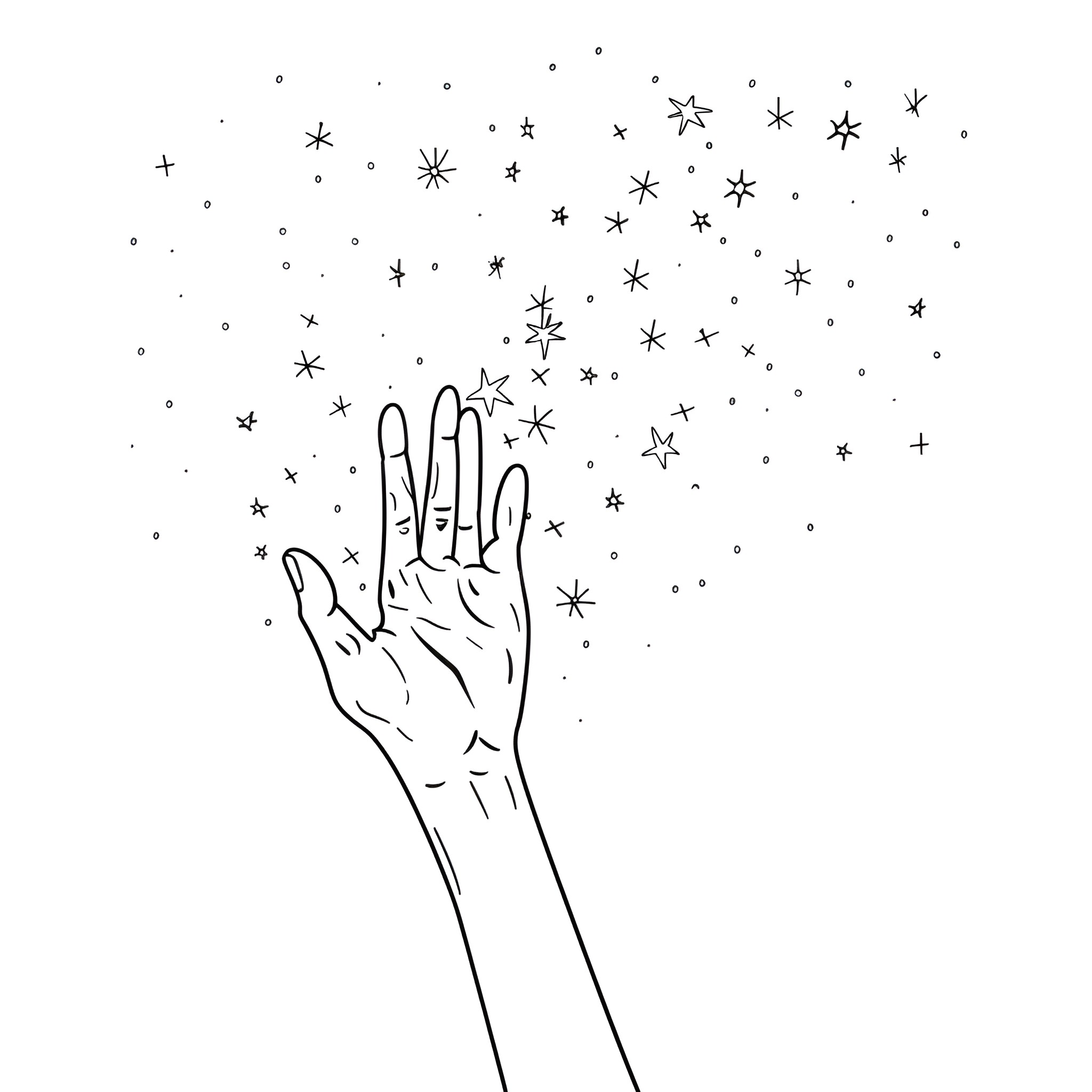 Hand reaching for sparkling stars Drawing Idea (free black-and-white line drawing printable PDF for all, from beginners to advanced learners, including children, teens, adults, and seniors)