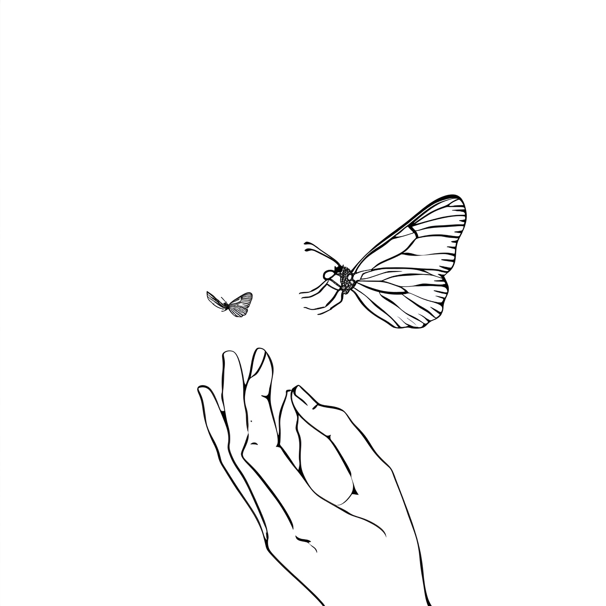 Hand reaching for butterfly Drawing Idea (free black-and-white line drawing printable PDF for all, from beginners to advanced learners, including children, teens, adults, and seniors)