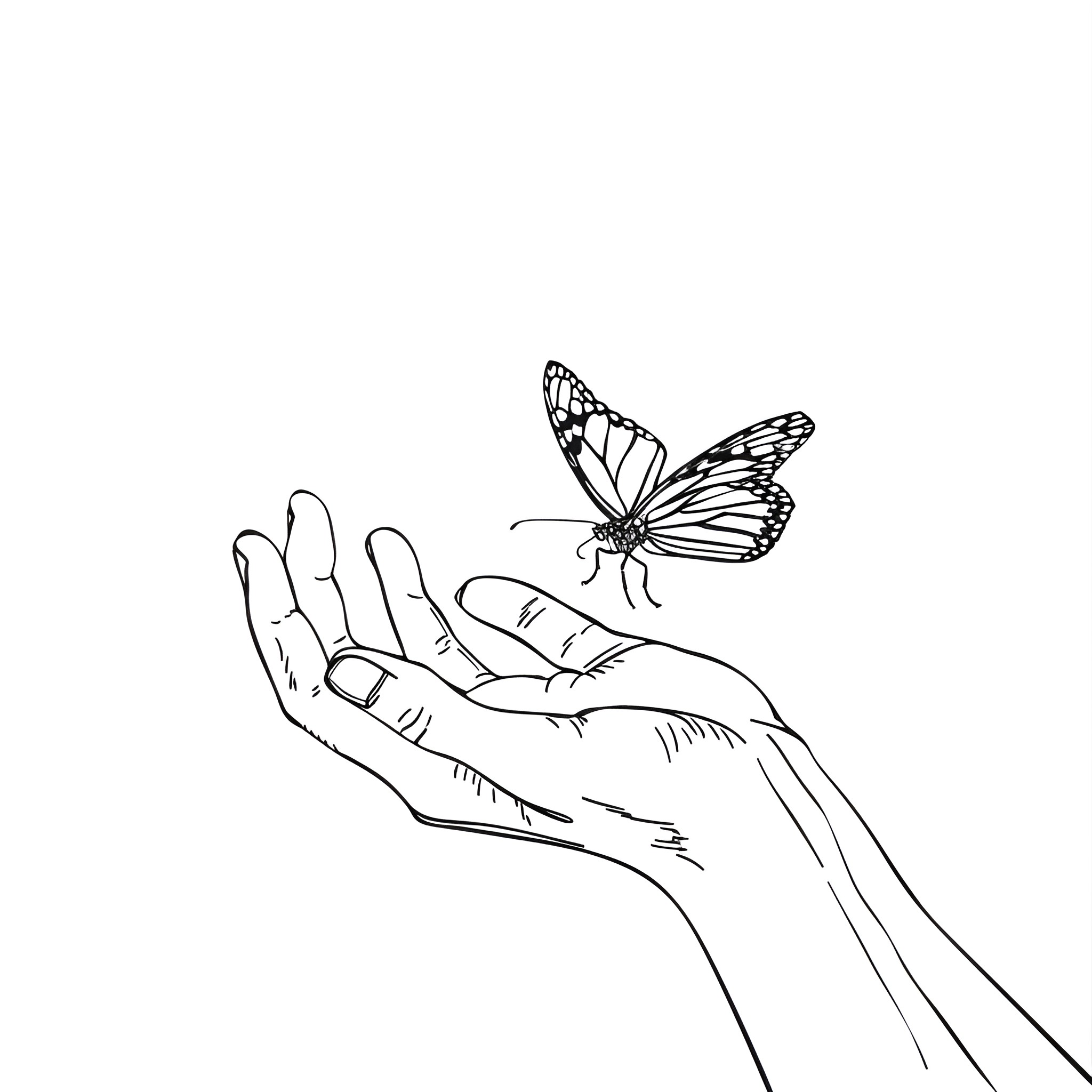 Hand holding delicate butterfly Drawing Idea (free black-and-white line drawing printable PDF for all, from beginners to advanced learners, including children, teens, adults, and seniors)
