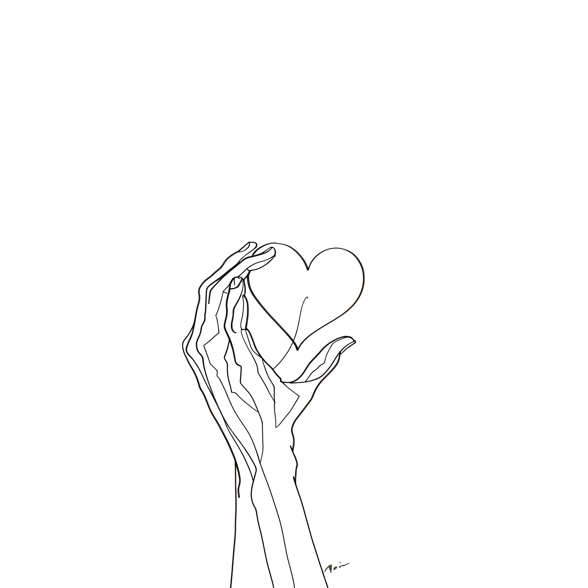 Hand-drawn heart and loving embrace Drawing Idea (free black-and-white line drawing printable PDF for all, from beginners to advanced learners, including children, teens, adults, and seniors)