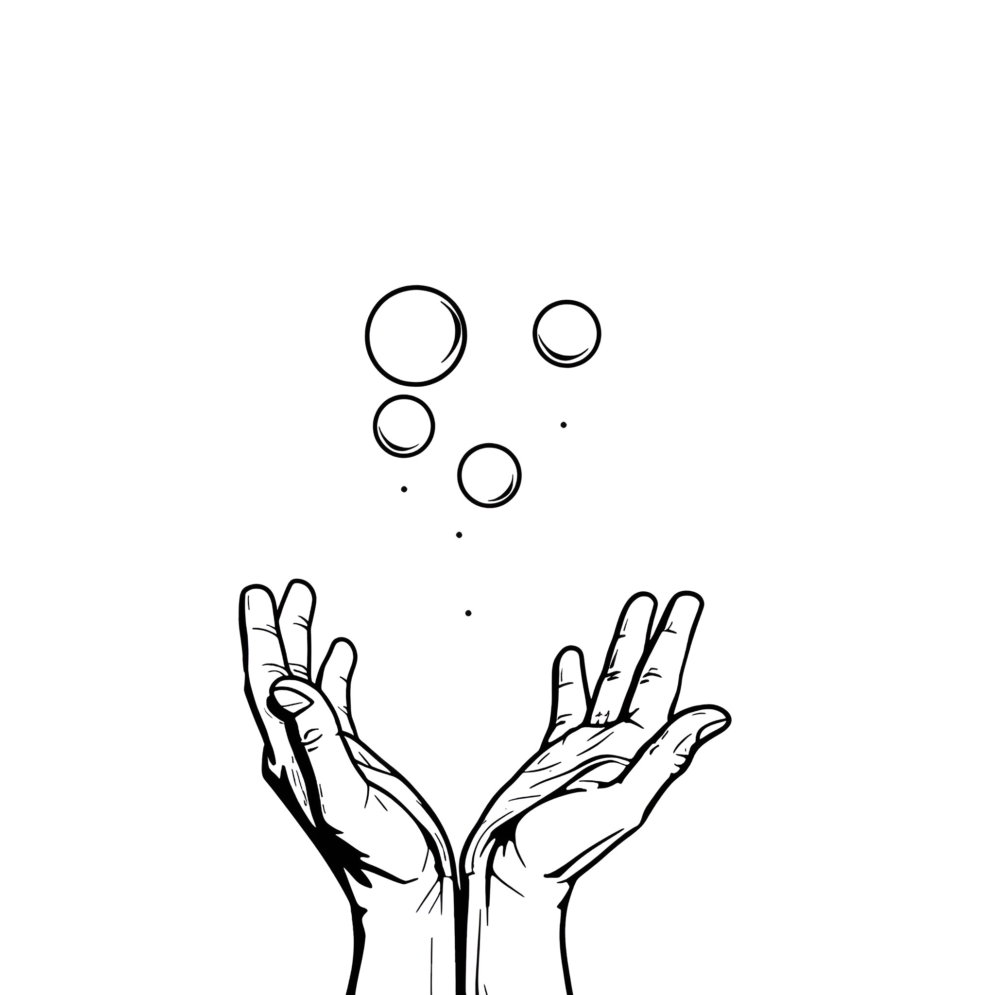 Hand gestures catching bubbles Drawing Idea (free black-and-white line drawing printable PDF for all, from beginners to advanced learners, including children, teens, adults, and seniors)