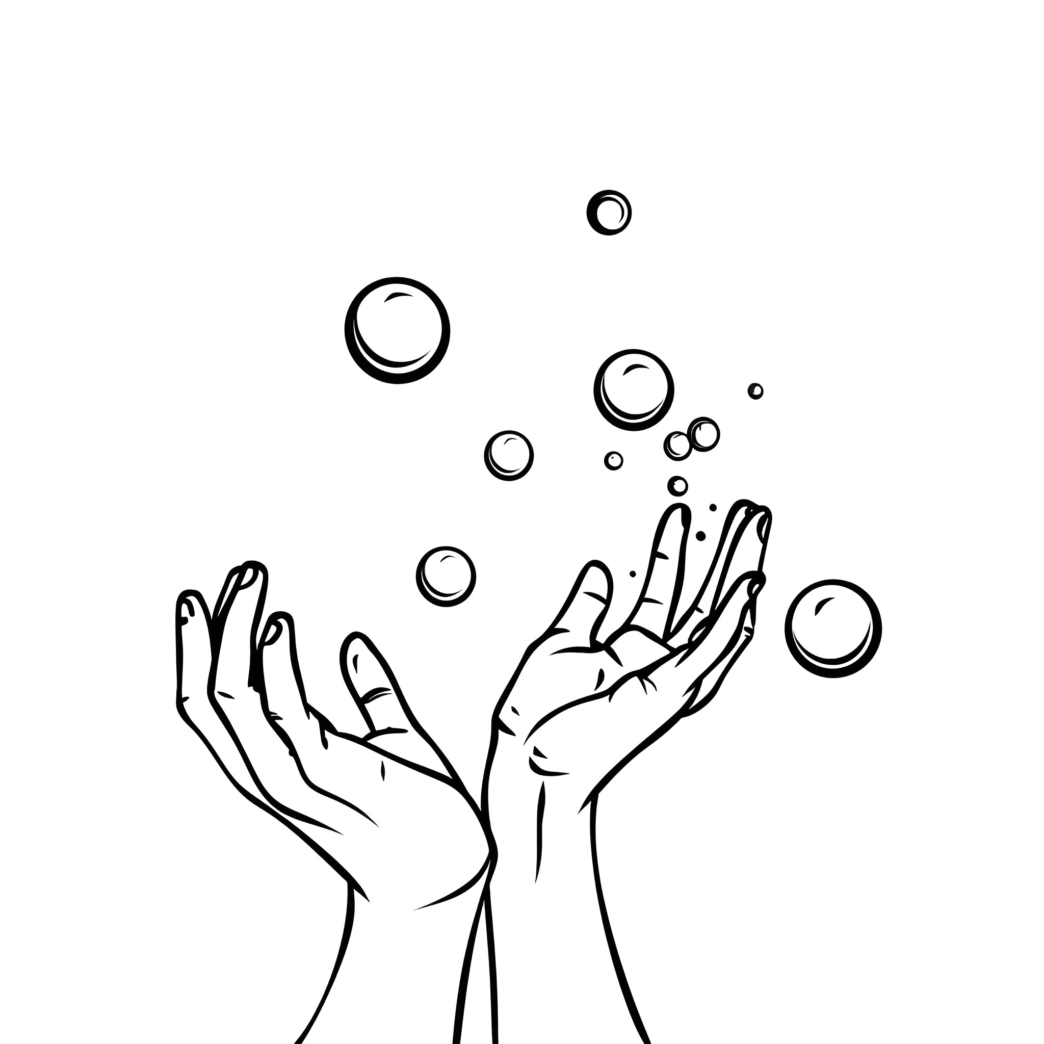 Hand juggling bubbles whimsically Drawing Idea (free black-and-white line drawing printable PDF for all, from beginners to advanced learners, including children, teens, adults, and seniors)