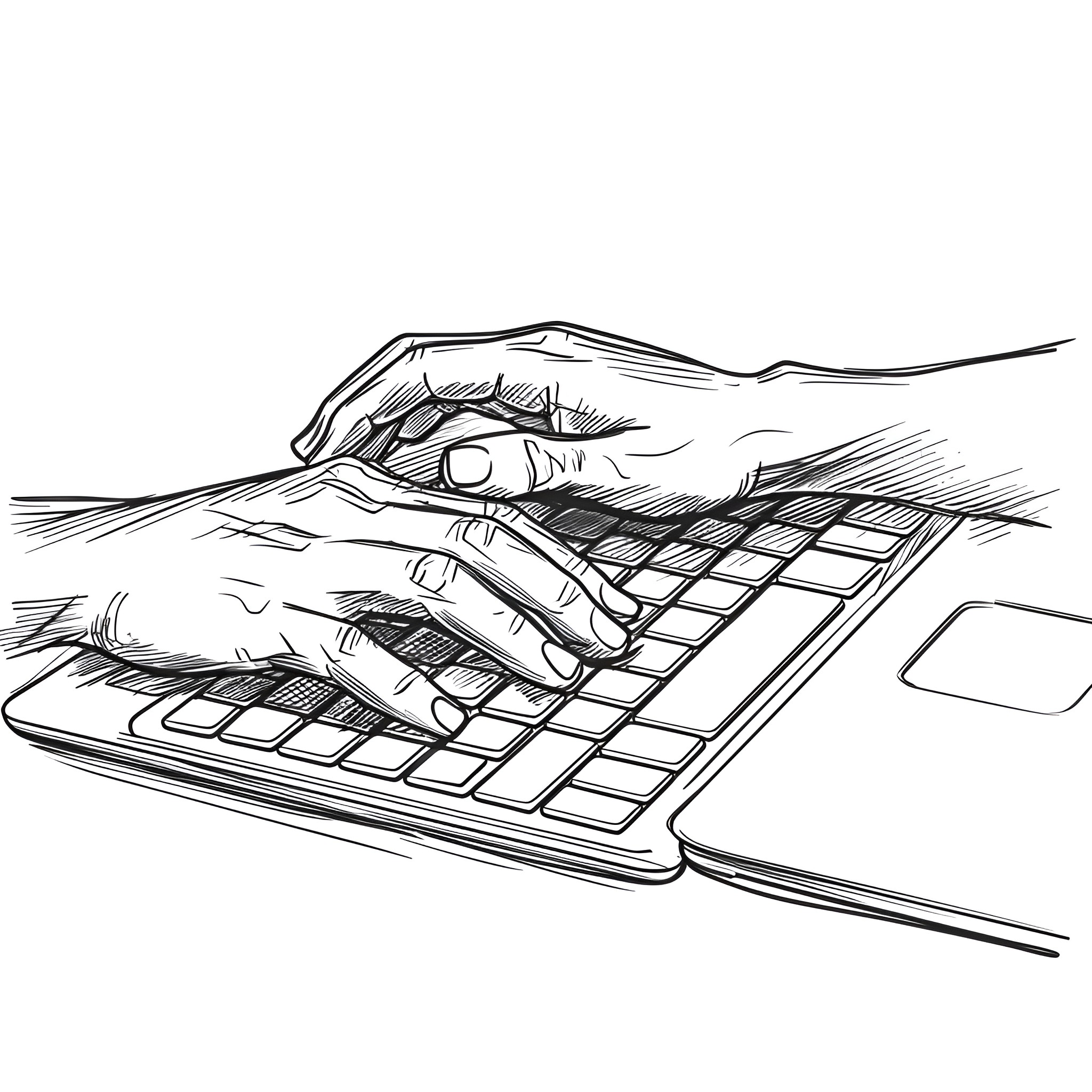 Hand reaching for computer keyboard Drawing Idea (free black-and-white line drawing printable PDF for all, from beginners to advanced learners, including children, teens, adults, and seniors)