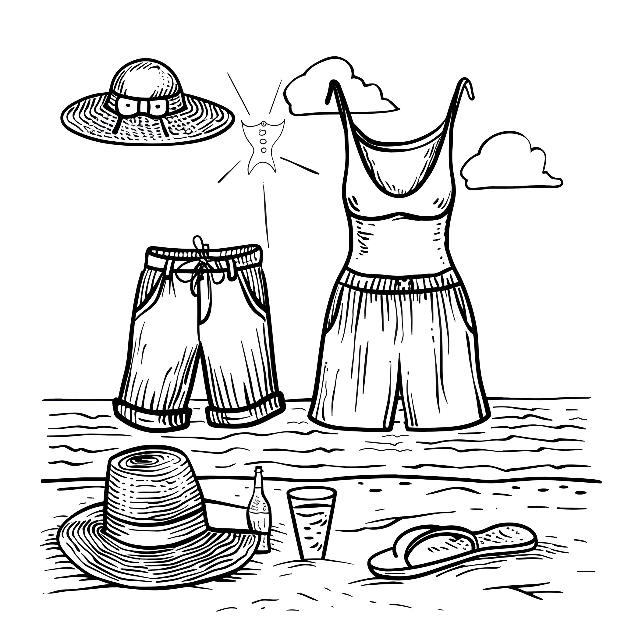Clothes for a Sunny Beach Day Drawing Idea (free black-and-white line drawing printable PDF for all, from beginners to advanced learners, including children, teens, adults, and seniors)