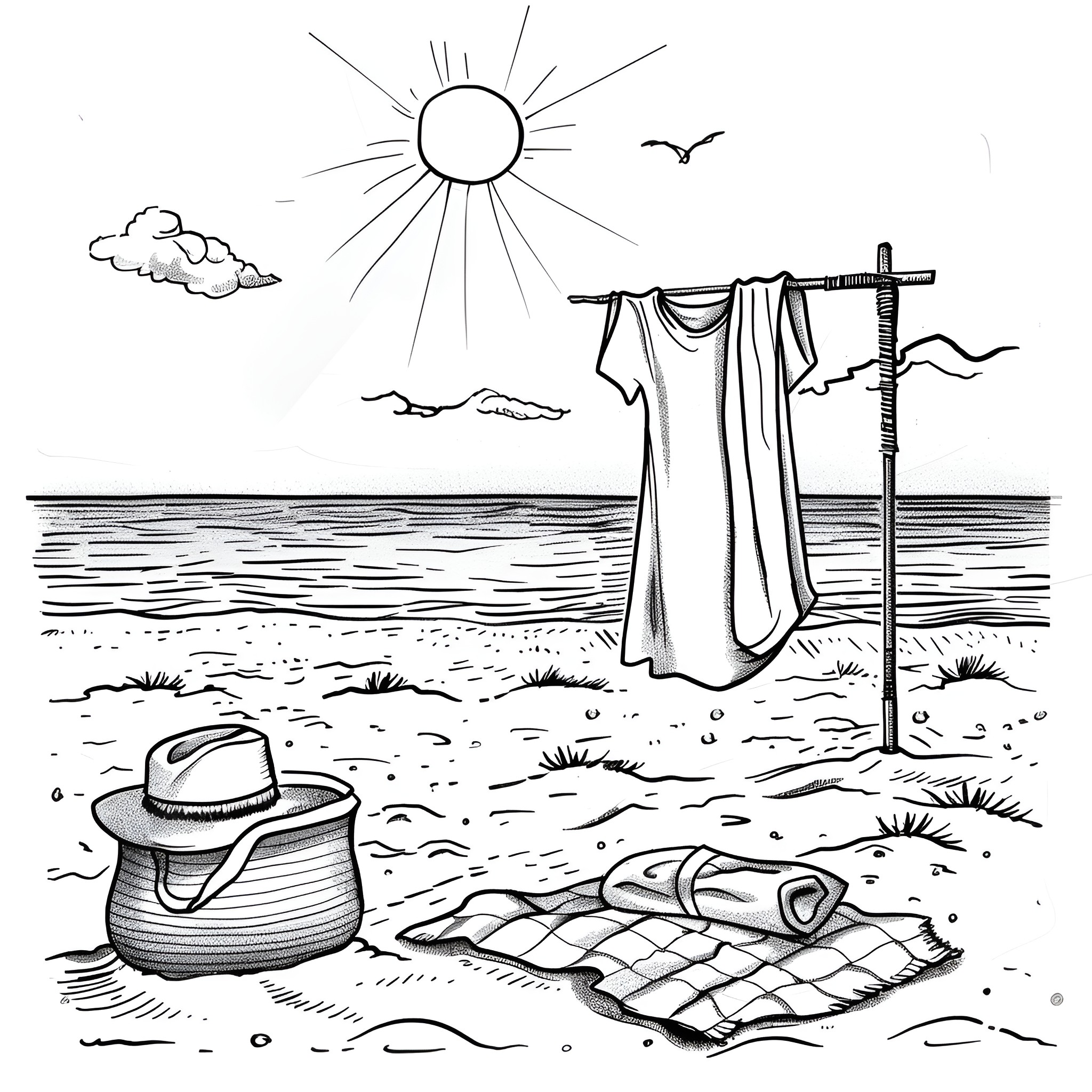 Clothes drying on a beach in the sun Drawing Idea (free black-and-white line drawing printable PDF for all, from beginners to advanced learners, including children, teens, adults, and seniors)