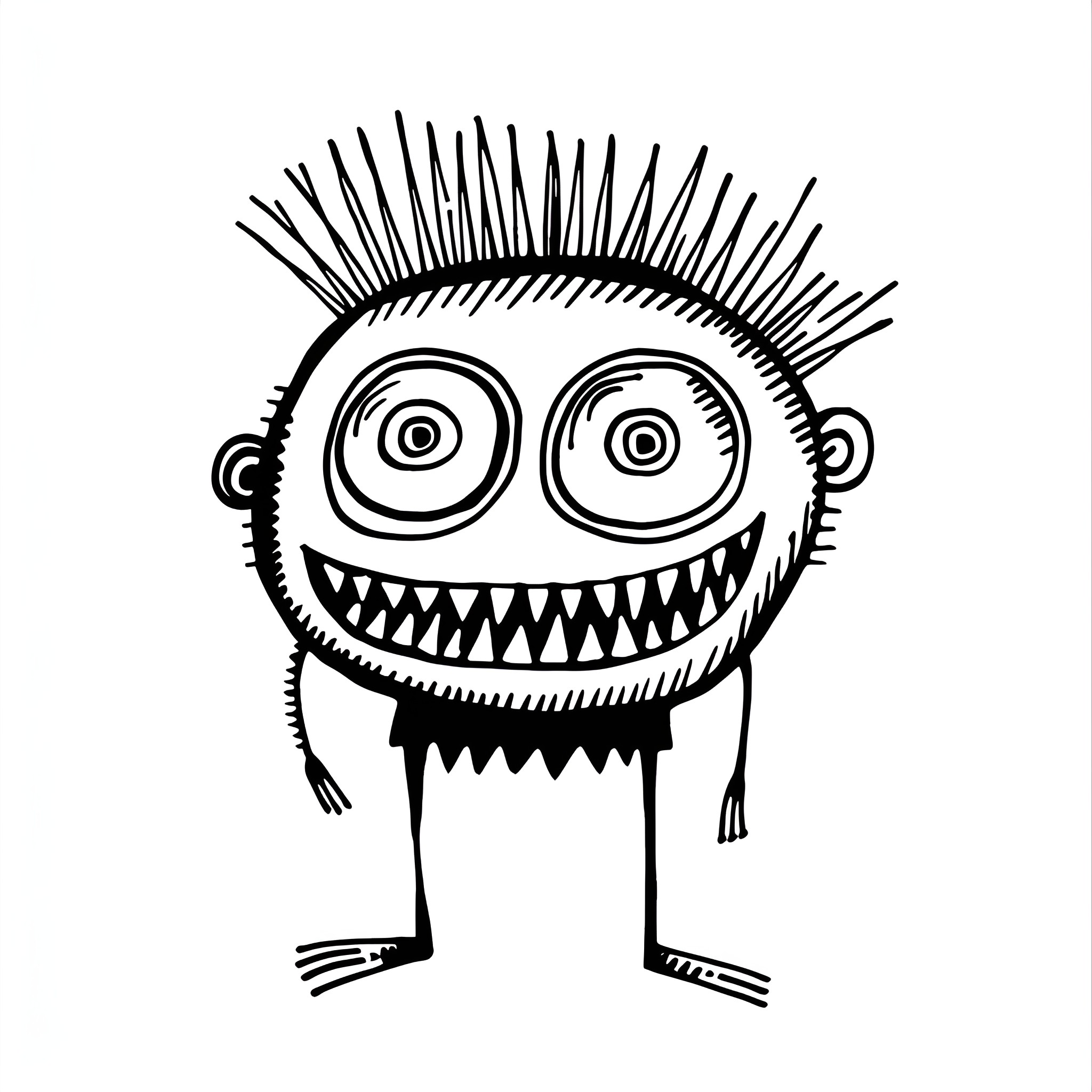 Weird Grinning Monster with Spiked Hair Drawing Idea (free black-and-white line drawing printable PDF for all, from beginners to advanced learners, including children, teens, adults, and seniors)