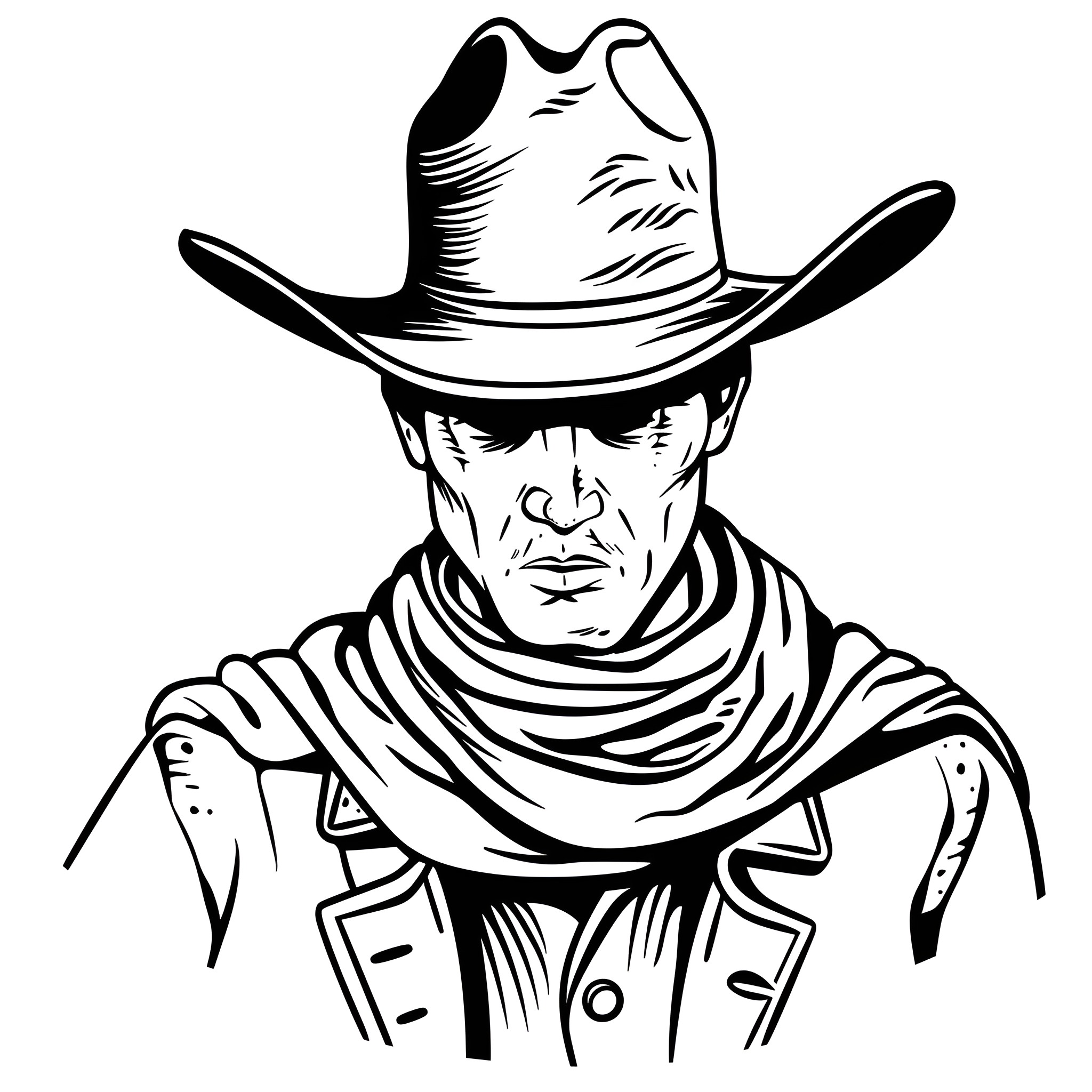 Western Cowboy's Stern Gaze Drawing Idea (free black-and-white line drawing printable PDF for all, from beginners to advanced learners, including children, teens, adults, and seniors)