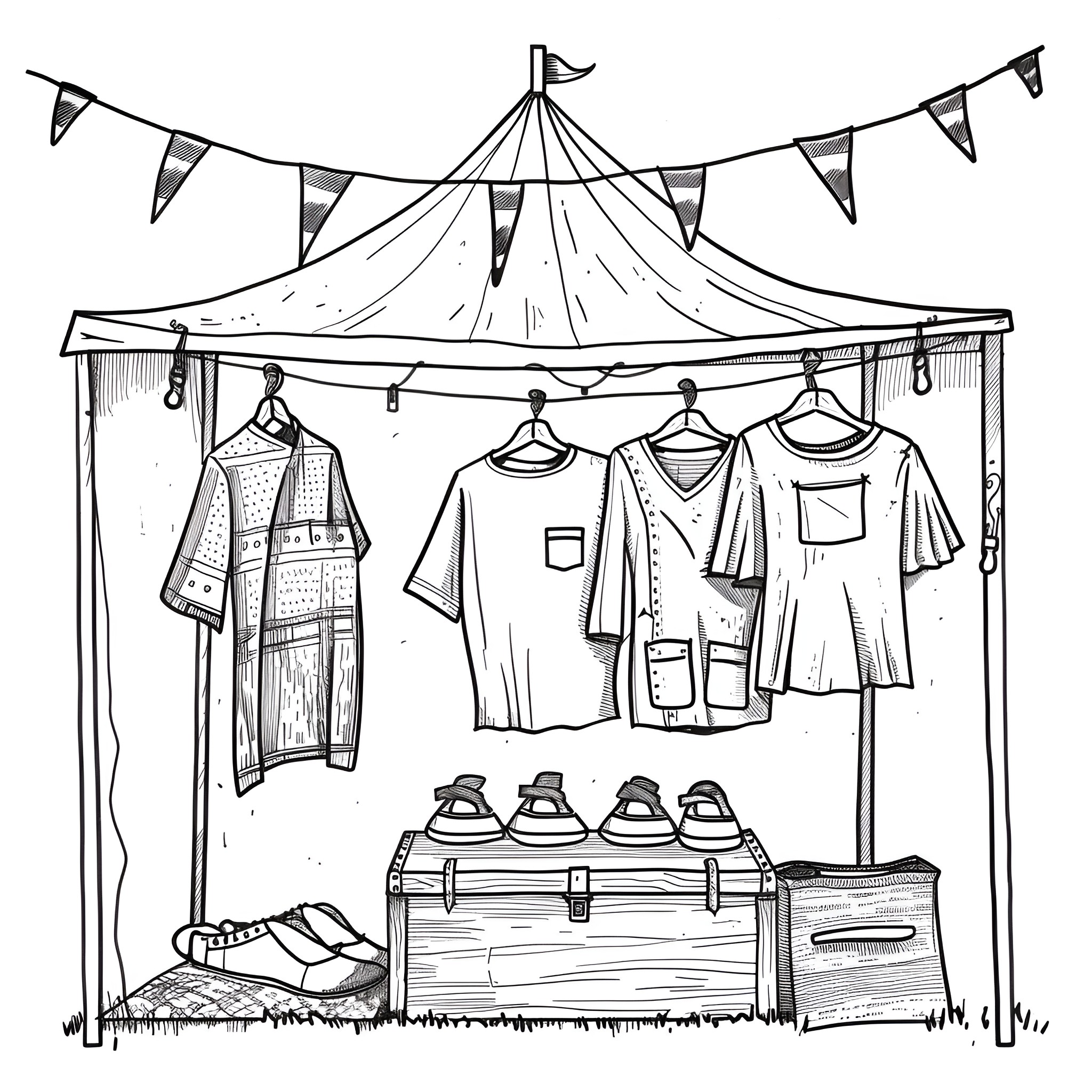 Clothes displayed at a carnival or marketplace Drawing Idea (free black-and-white line drawing printable PDF for all, from beginners to advanced learners, including children, teens, adults, and seniors)