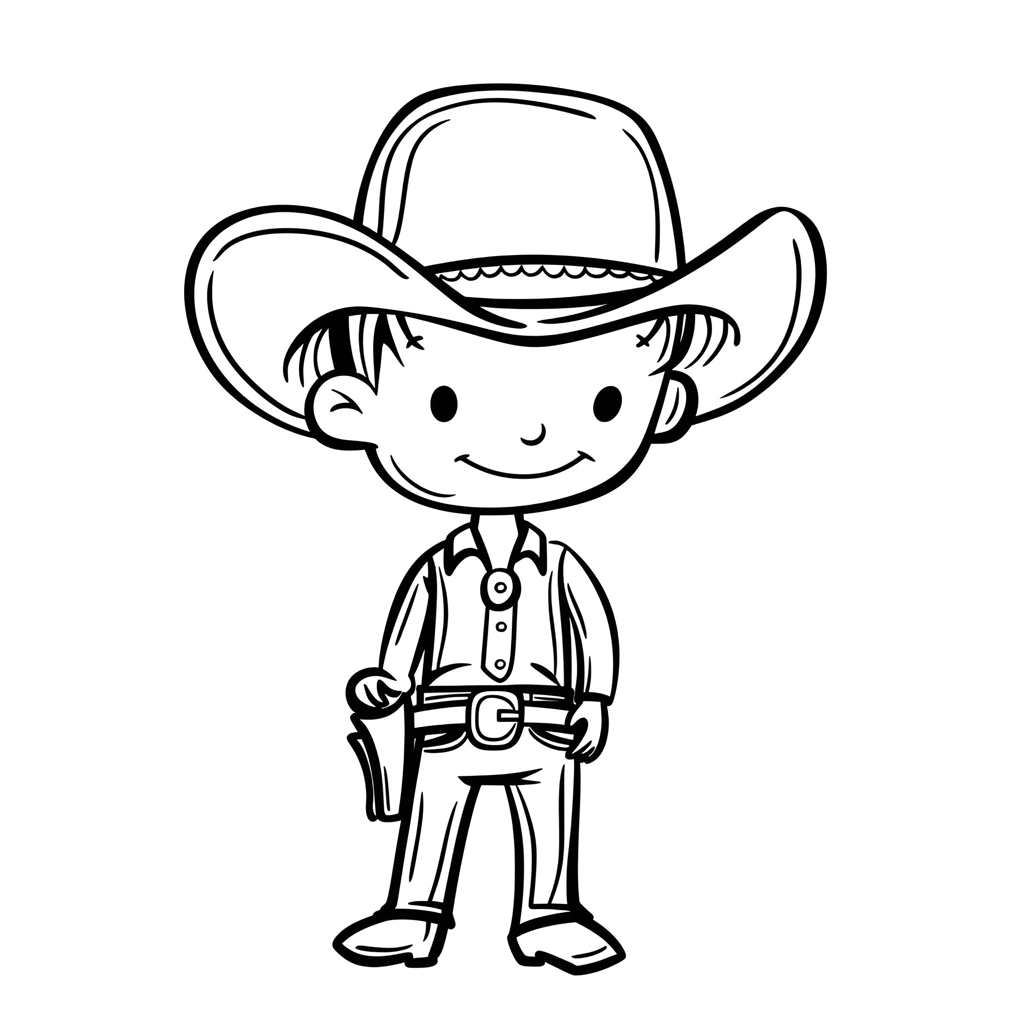 Western-themed Cowboy Character Sketch Drawing Idea (free black-and-white line drawing printable PDF for all, from beginners to advanced learners, including children, teens, adults, and seniors)