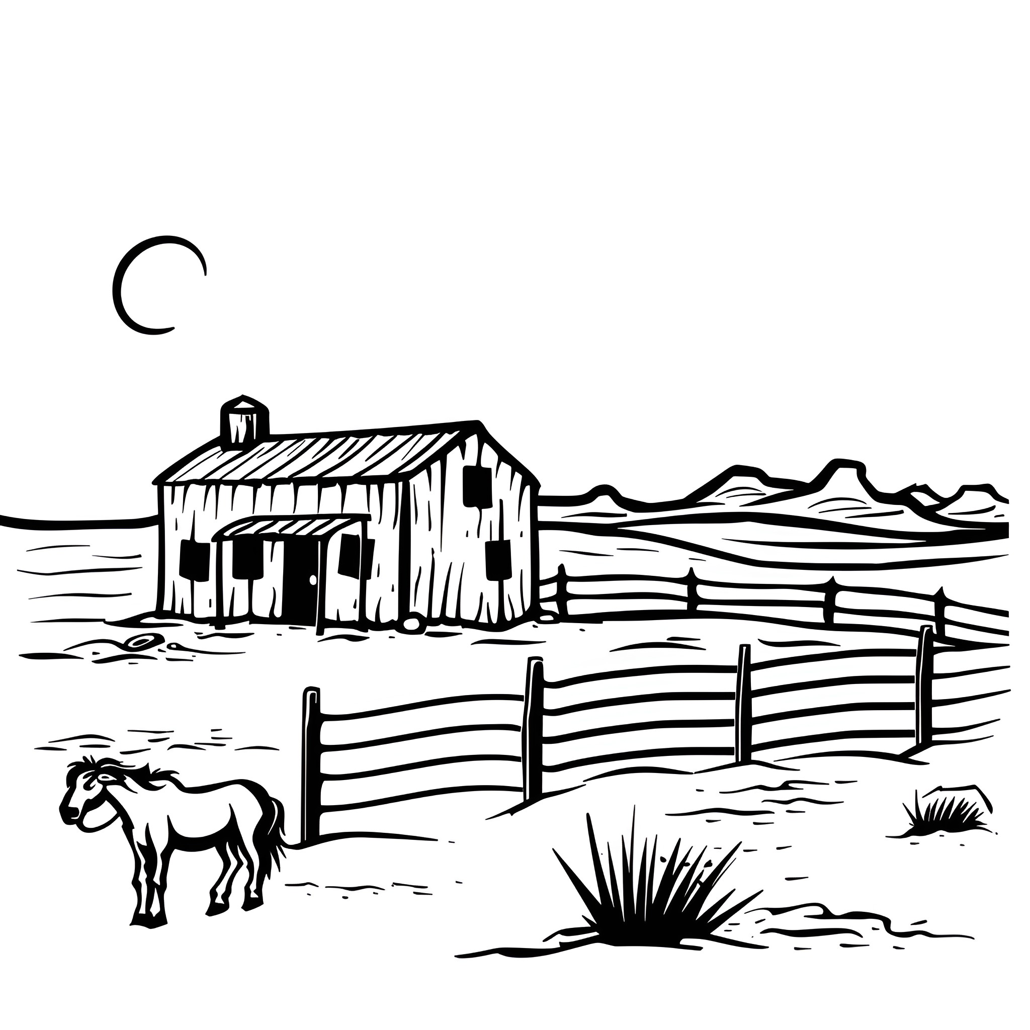 Western Countryside Landscape with Barn and Horse Drawing Idea (free black-and-white line drawing printable PDF for all, from beginners to advanced learners, including children, teens, adults, and seniors)