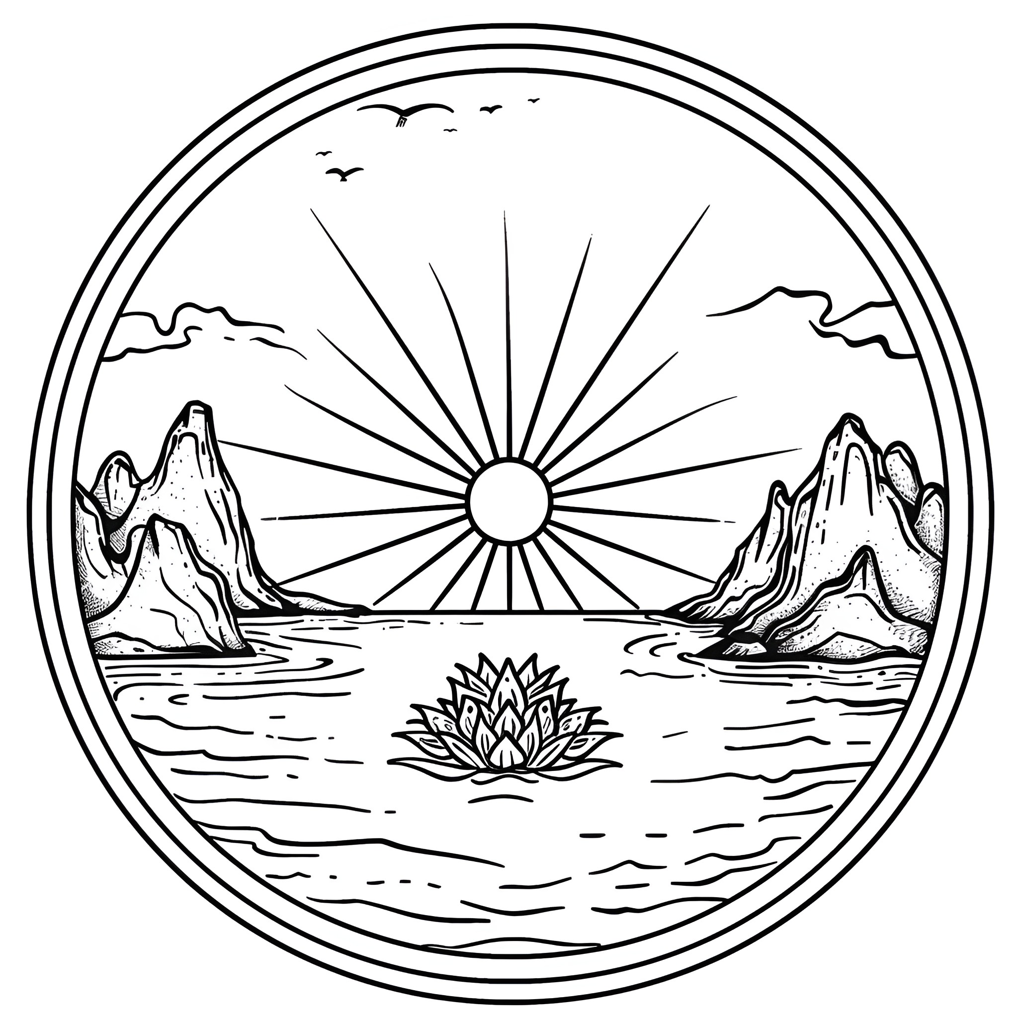 Mandala landscape with sunrise and mountains Drawing Idea (free black-and-white line drawing printable PDF for all, from beginners to advanced learners, including children, teens, adults, and seniors)