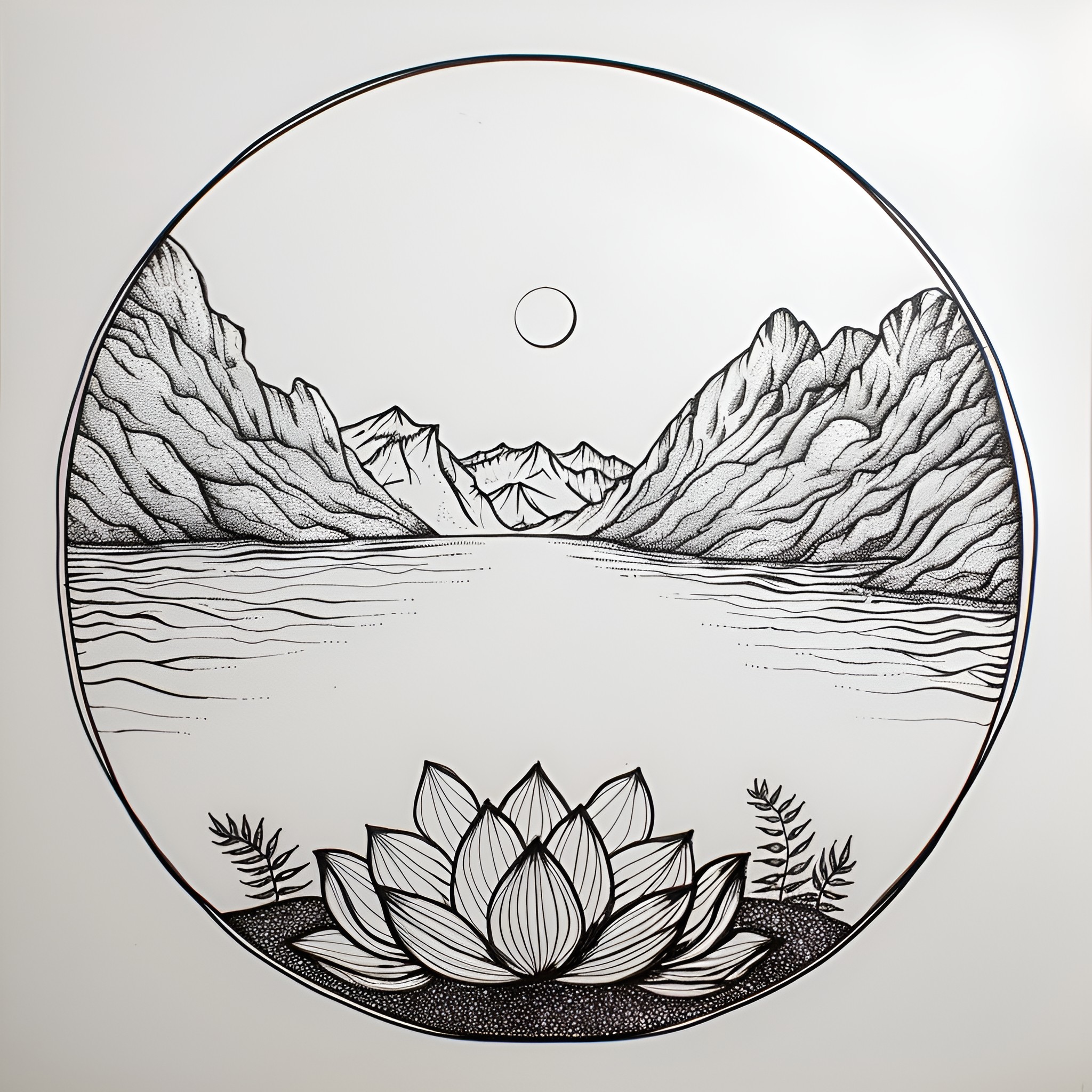 Mandala Depicting Serene Mountain Landscape Drawing Idea (free black-and-white line drawing printable PDF for all, from beginners to advanced learners, including children, teens, adults, and seniors)