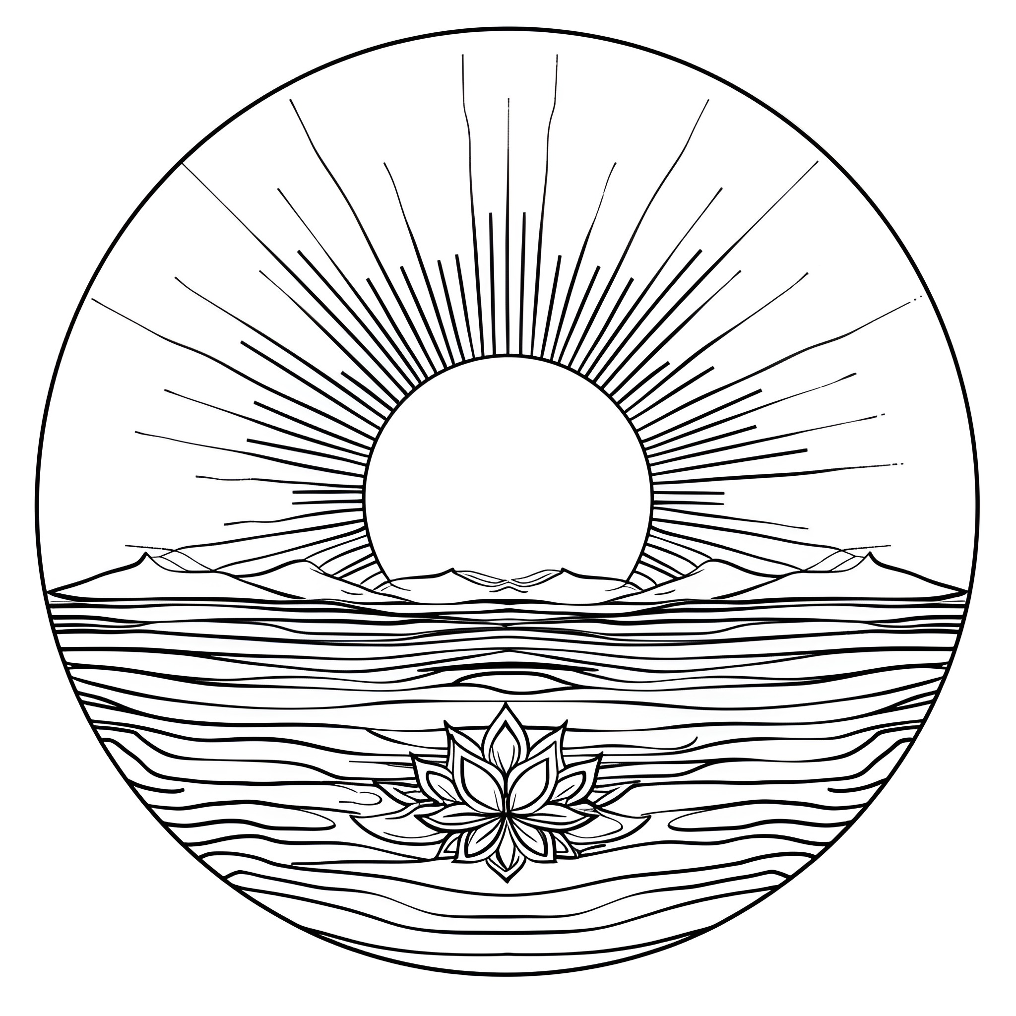 Mandala of serene sunset over mountains Drawing Idea (free black-and-white line drawing printable PDF for all, from beginners to advanced learners, including children, teens, adults, and seniors)