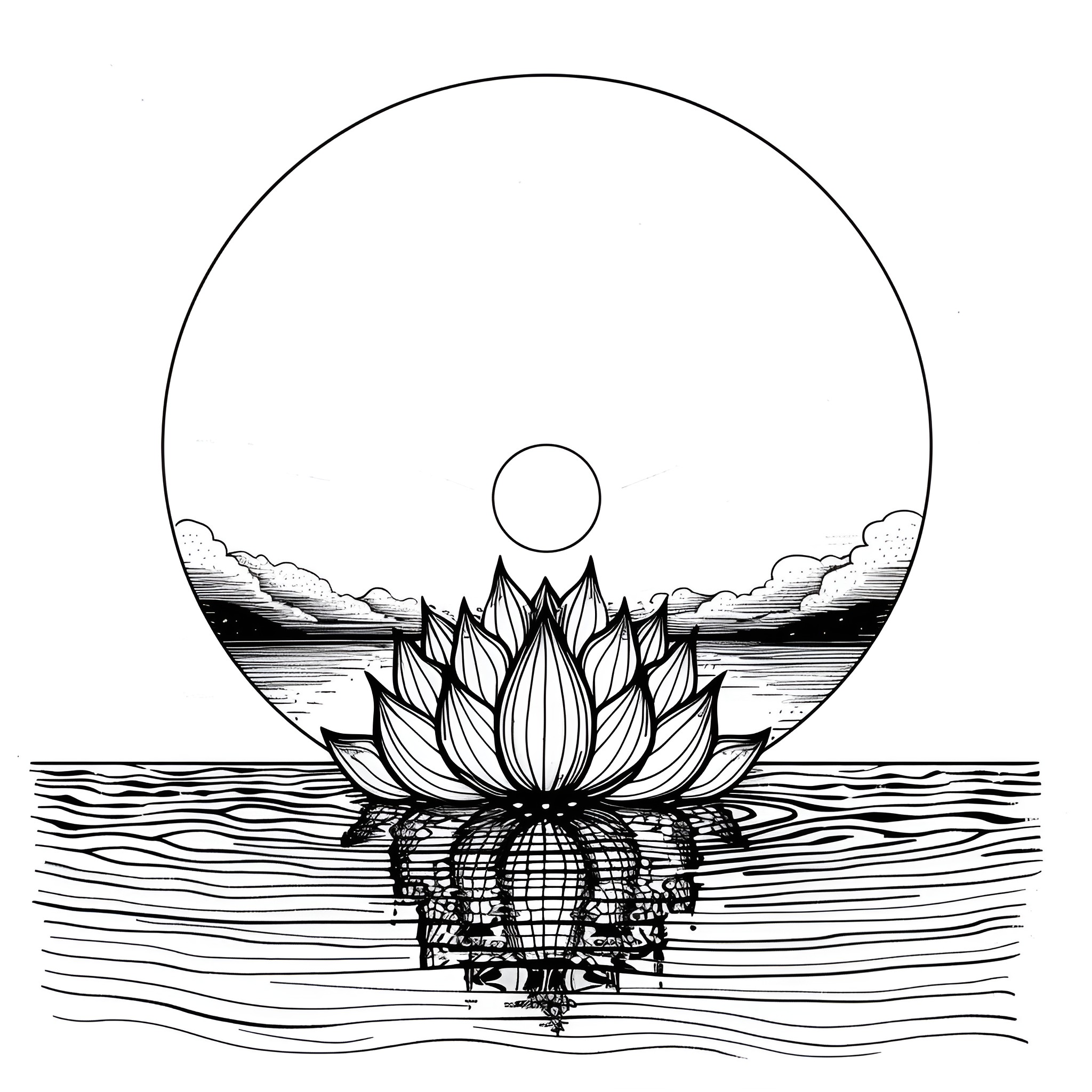 Mandala Lotus Blossom in Tranquil Landscape Drawing Idea (free black-and-white line drawing printable PDF for all, from beginners to advanced learners, including children, teens, adults, and seniors)