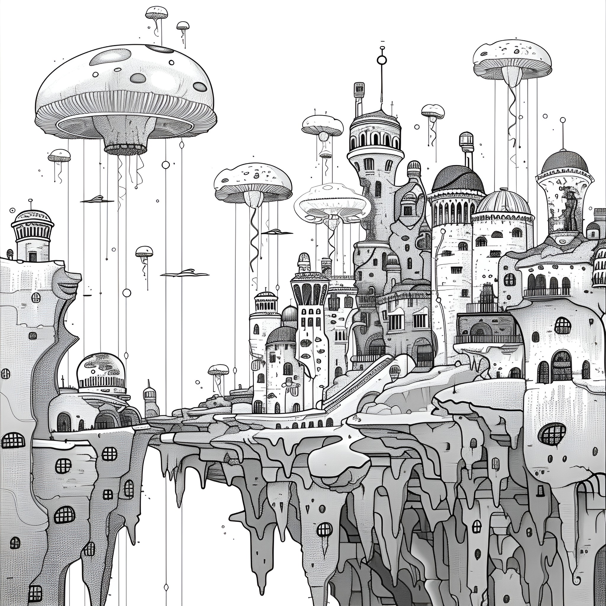 Weird Fantasy City Landscape Drawing Idea (free black-and-white line drawing printable PDF for all, from beginners to advanced learners, including children, teens, adults, and seniors)