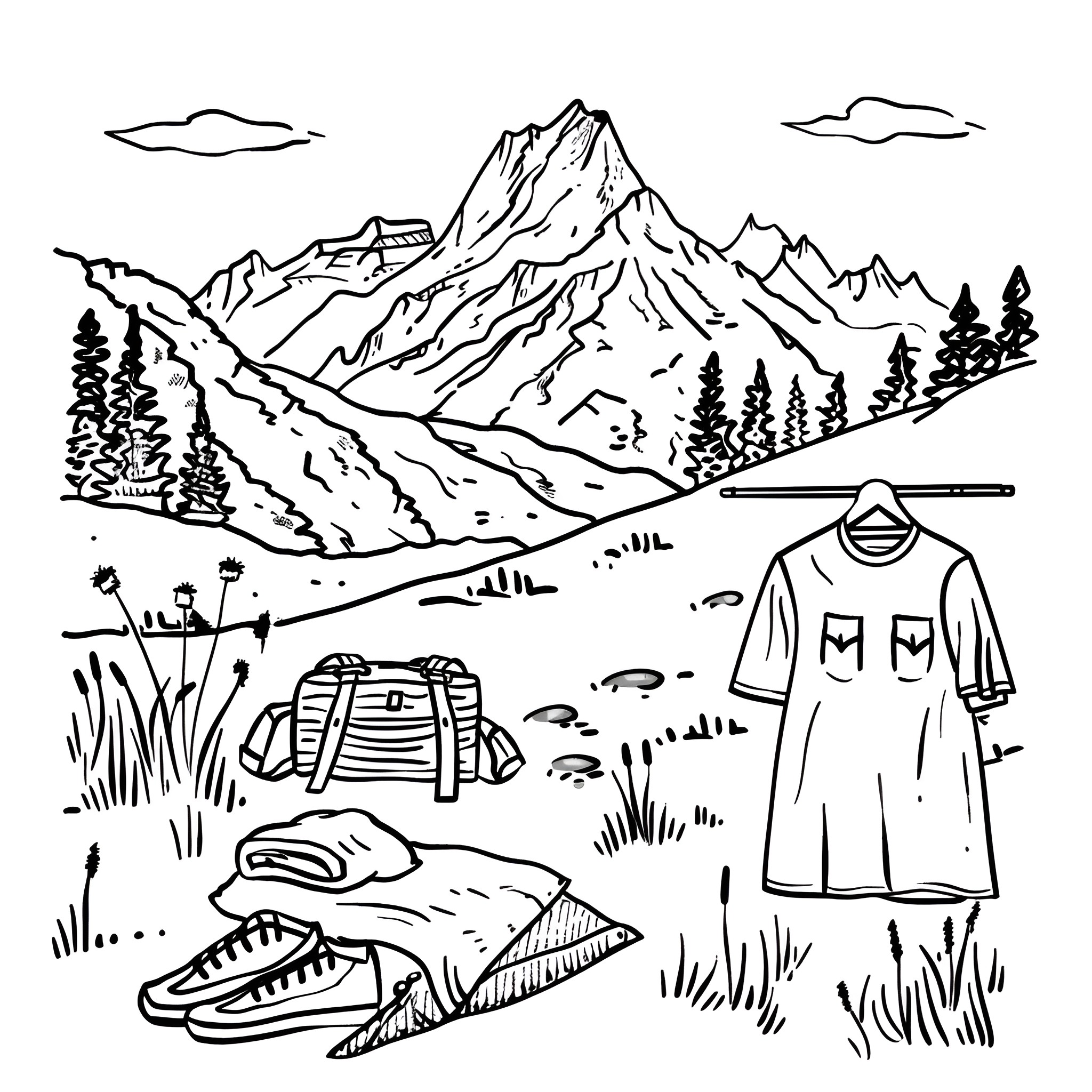 Clothes for mountain hiking adventure Drawing Idea (free black-and-white line drawing printable PDF for all, from beginners to advanced learners, including children, teens, adults, and seniors)
