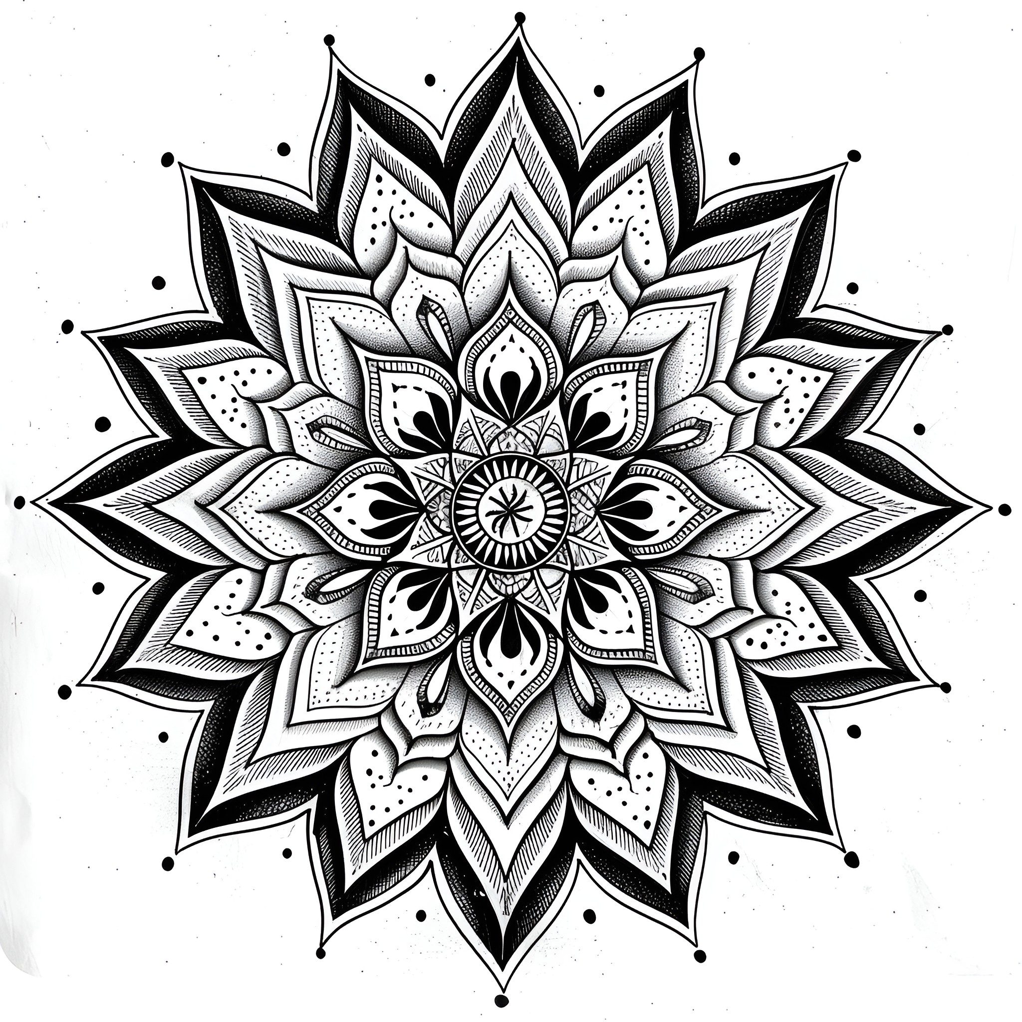 Mandala of intricate geometric patterns Drawing Idea (free black-and-white line drawing printable PDF for all, from beginners to advanced learners, including children, teens, adults, and seniors)