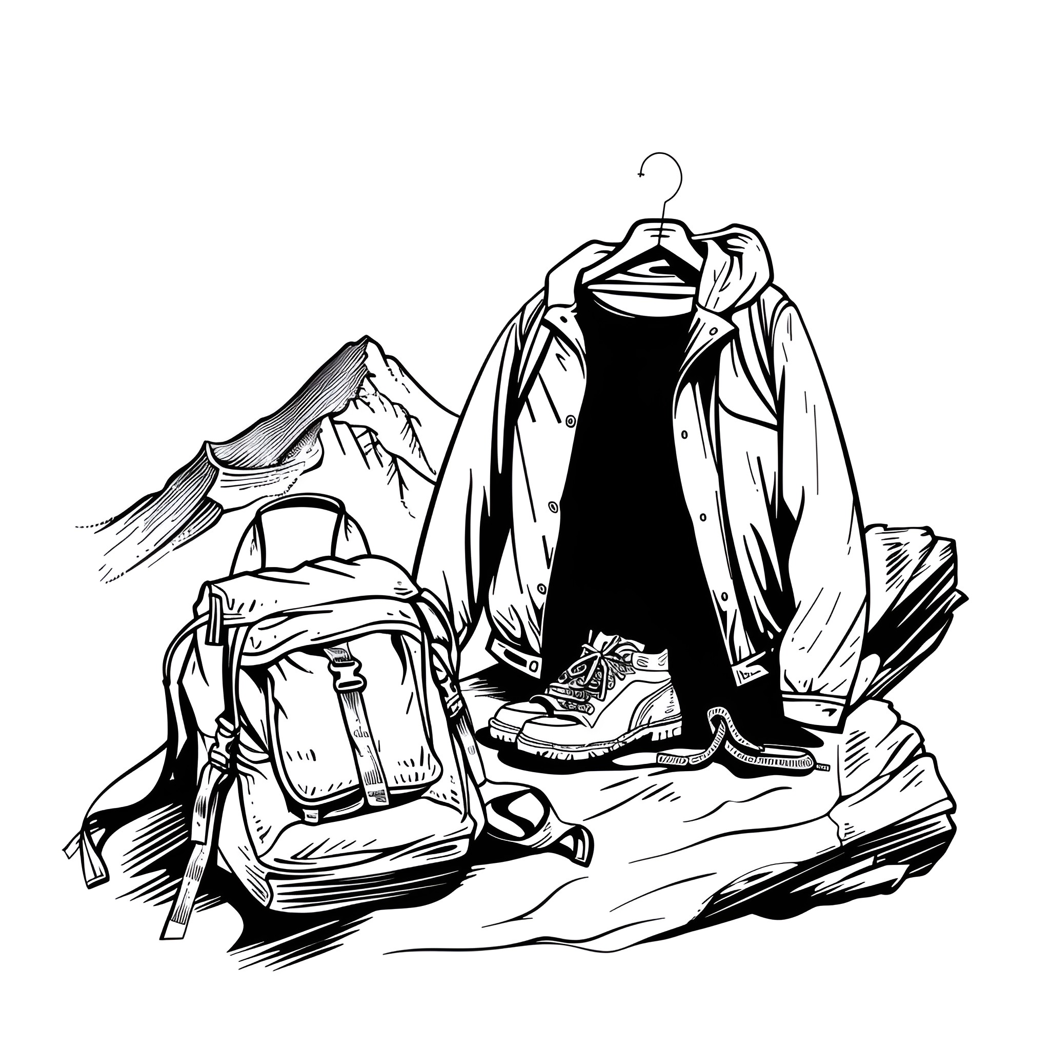 Clothes for Outdoor Adventure Drawing Idea (free black-and-white line drawing printable PDF for all, from beginners to advanced learners, including children, teens, adults, and seniors)