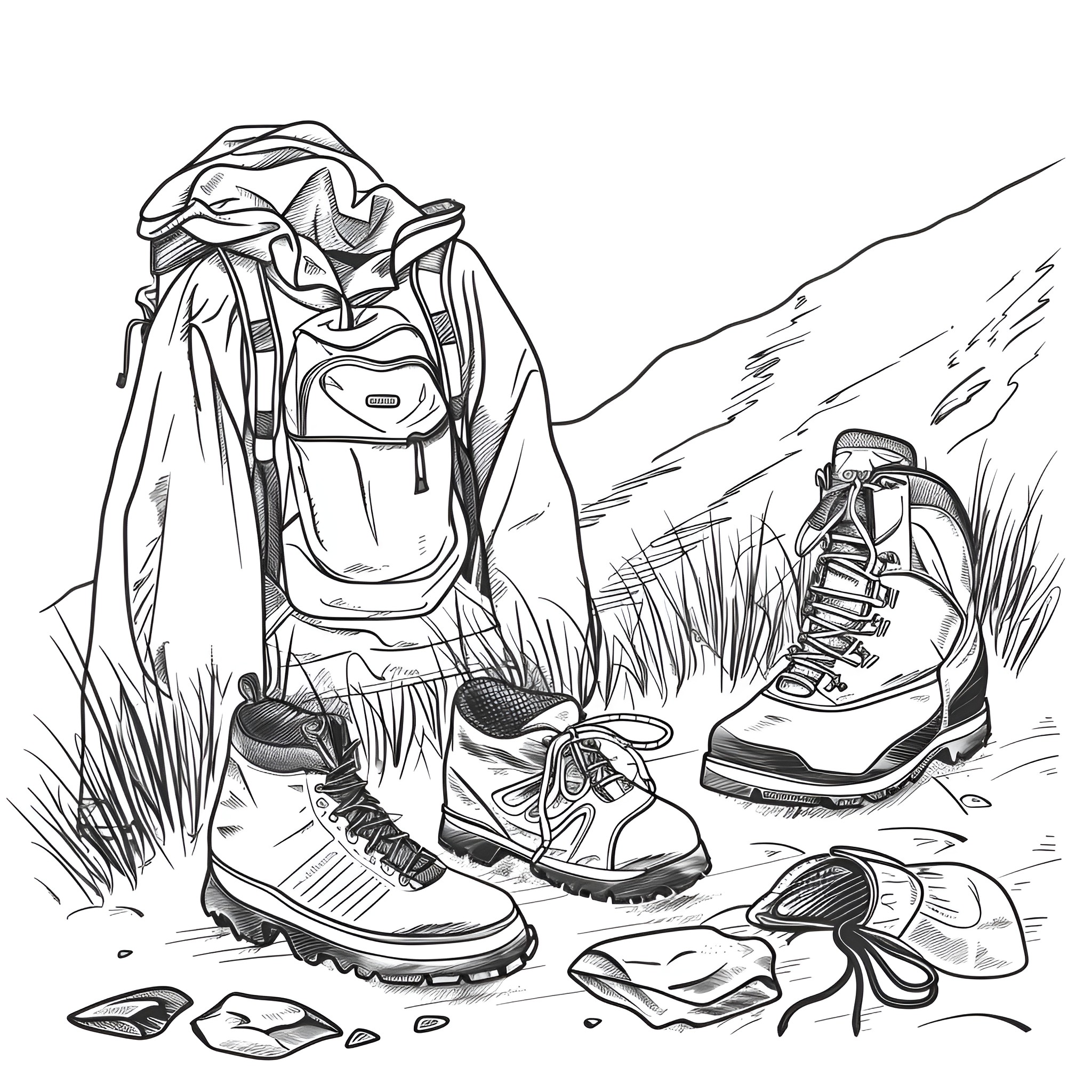 Clothes for outdoor exploration Drawing Idea (free black-and-white line drawing printable PDF for all, from beginners to advanced learners, including children, teens, adults, and seniors)