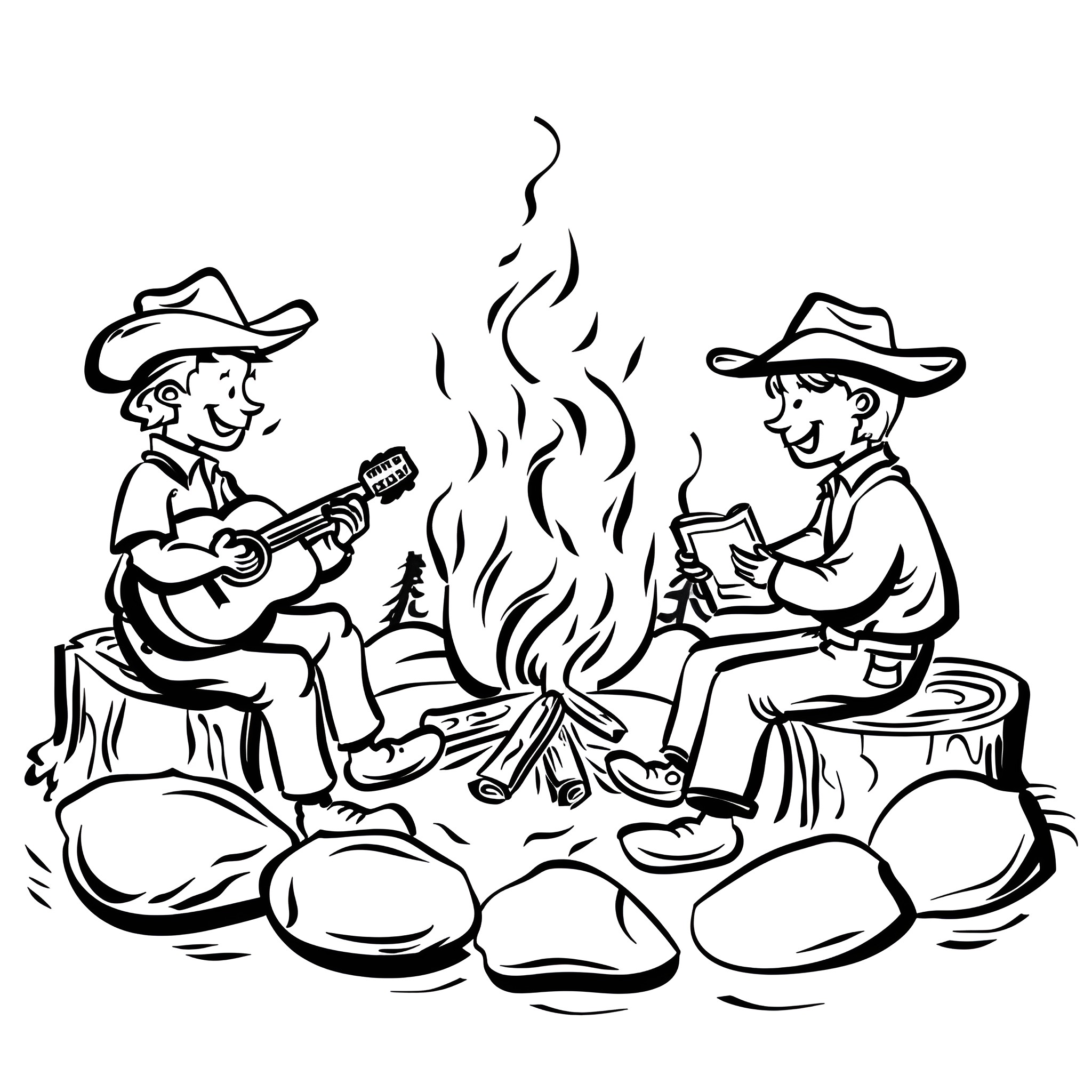 Western campfire with guitar and cowboys Drawing Idea (free black-and-white line drawing printable PDF for all, from beginners to advanced learners, including children, teens, adults, and seniors)