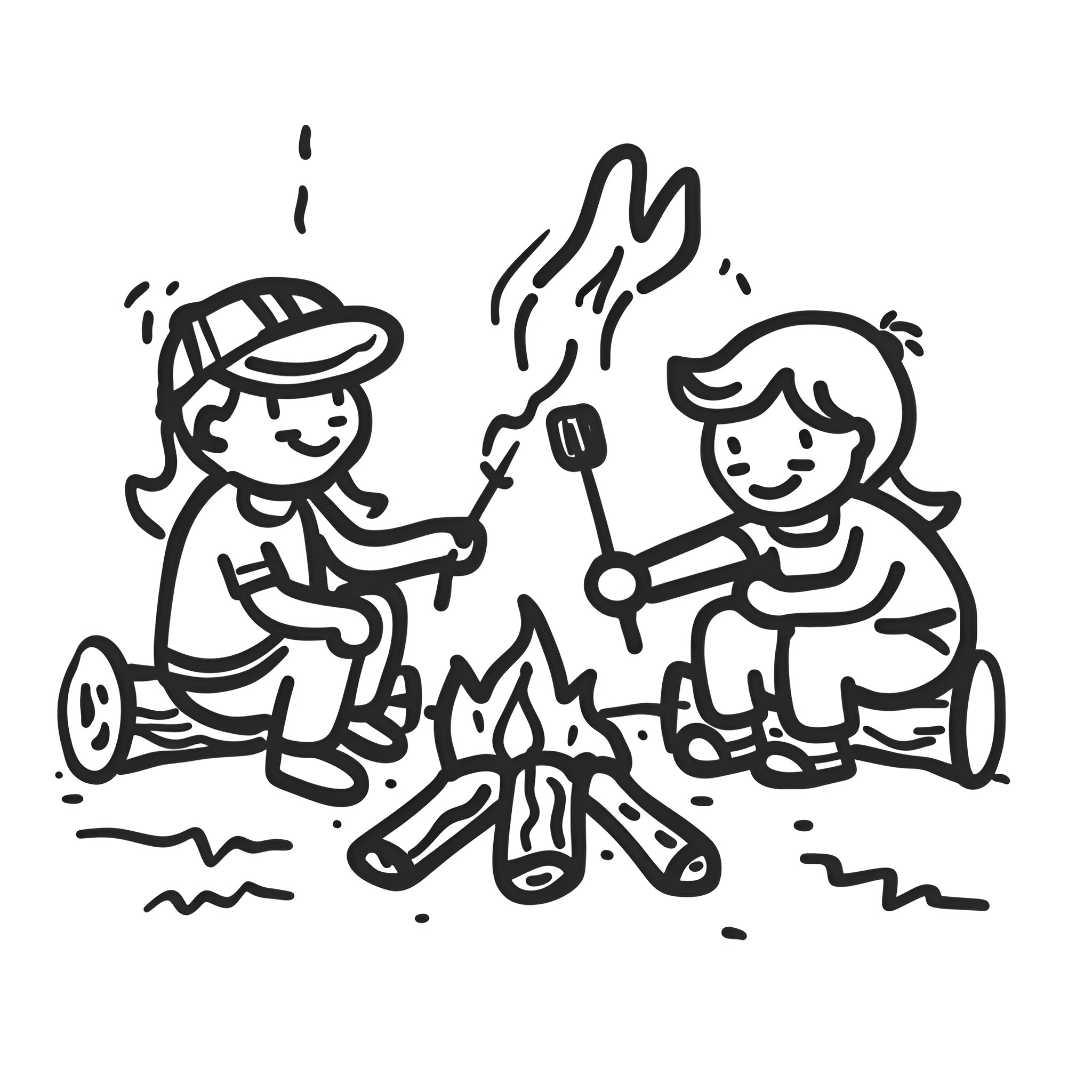 People playing around campfire Drawing Idea (free black-and-white line drawing printable PDF for all, from beginners to advanced learners, including children, teens, adults, and seniors)