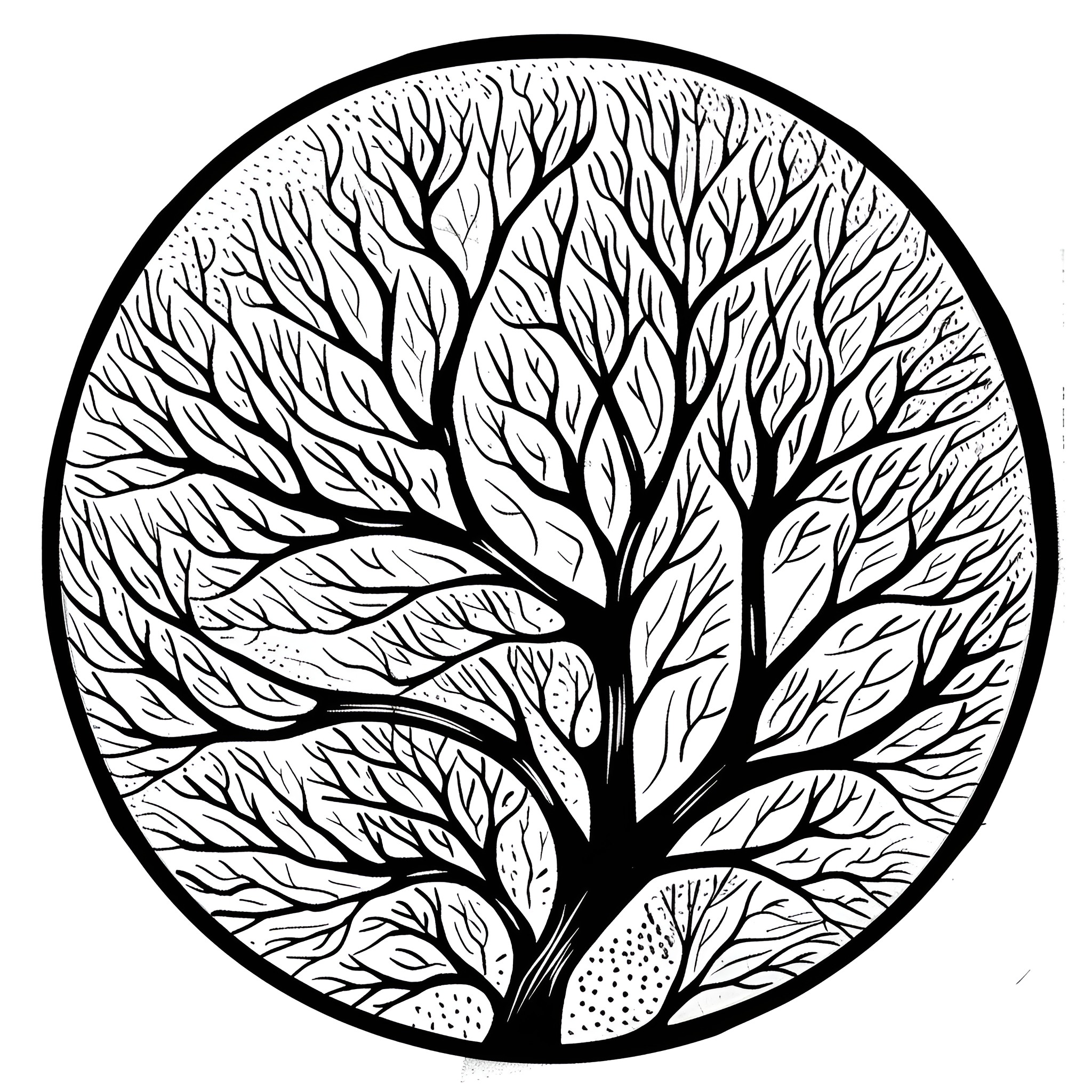 Mandala of Intricate Tree Branches Drawing Idea (free black-and-white line drawing printable PDF for all, from beginners to advanced learners, including children, teens, adults, and seniors)
