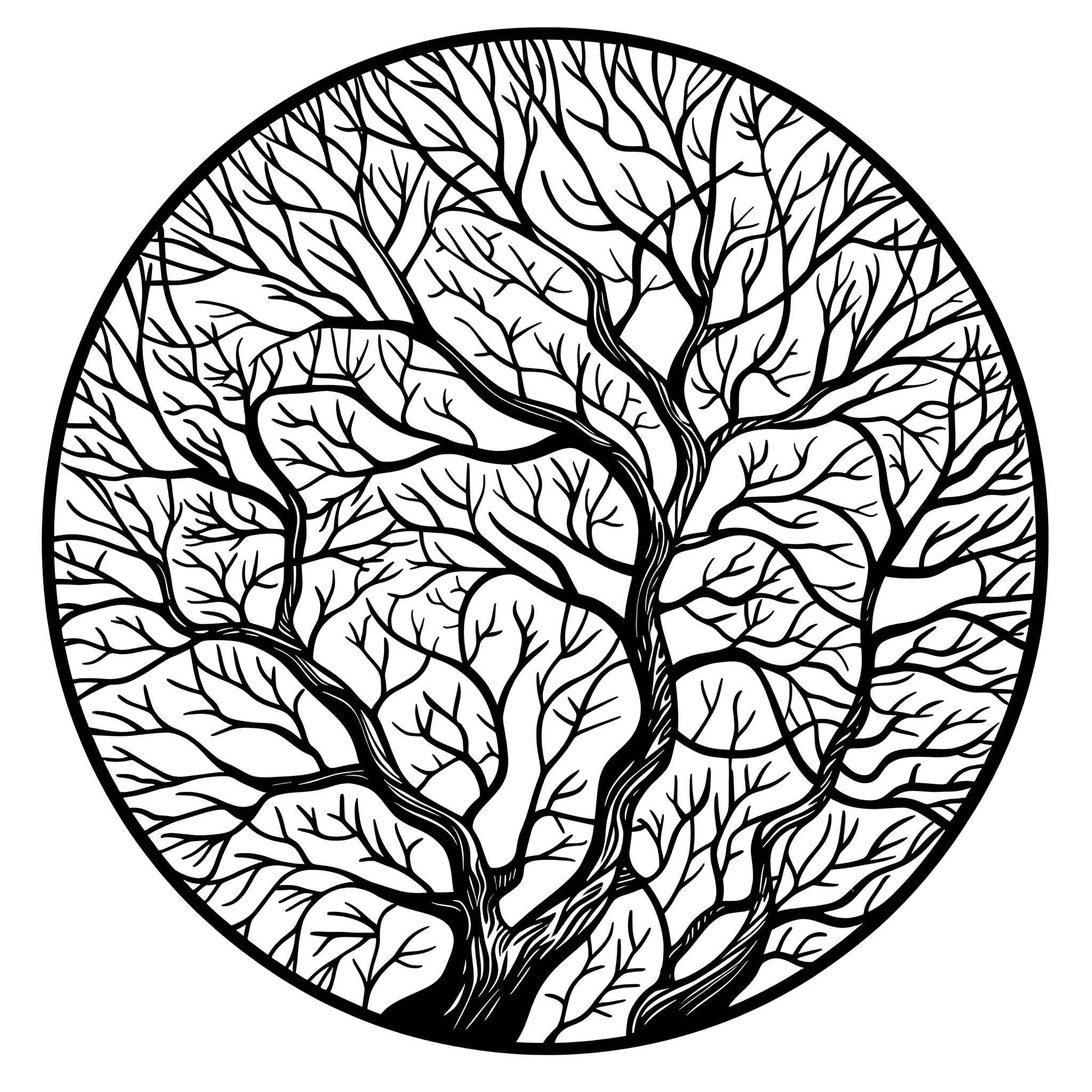 Mandala of Intricate Tree Branches Drawing Idea (free black-and-white line drawing printable PDF for all, from beginners to advanced learners, including children, teens, adults, and seniors)