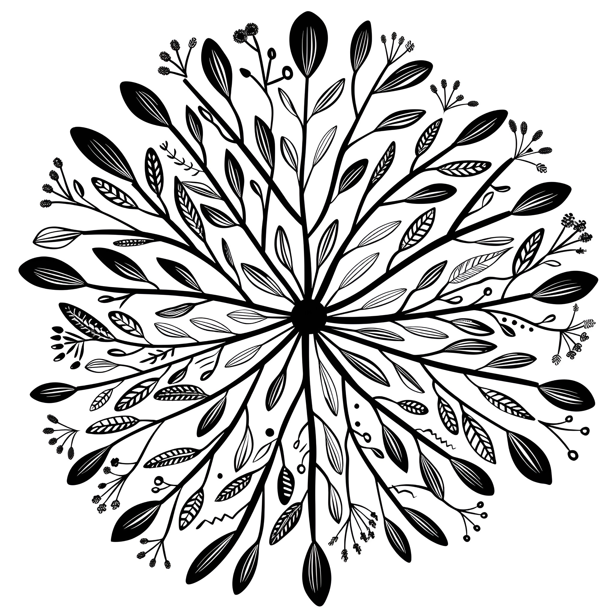 Mandala of intricate foliage patterns Drawing Idea (free black-and-white line drawing printable PDF for all, from beginners to advanced learners, including children, teens, adults, and seniors)