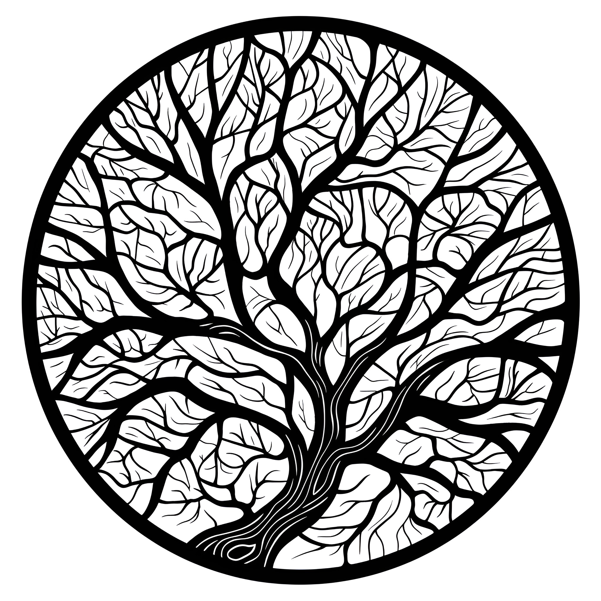 Mandala of Intricate Tree Branches Drawing Idea (free black-and-white line drawing printable PDF for all, from beginners to advanced learners, including children, teens, adults, and seniors)
