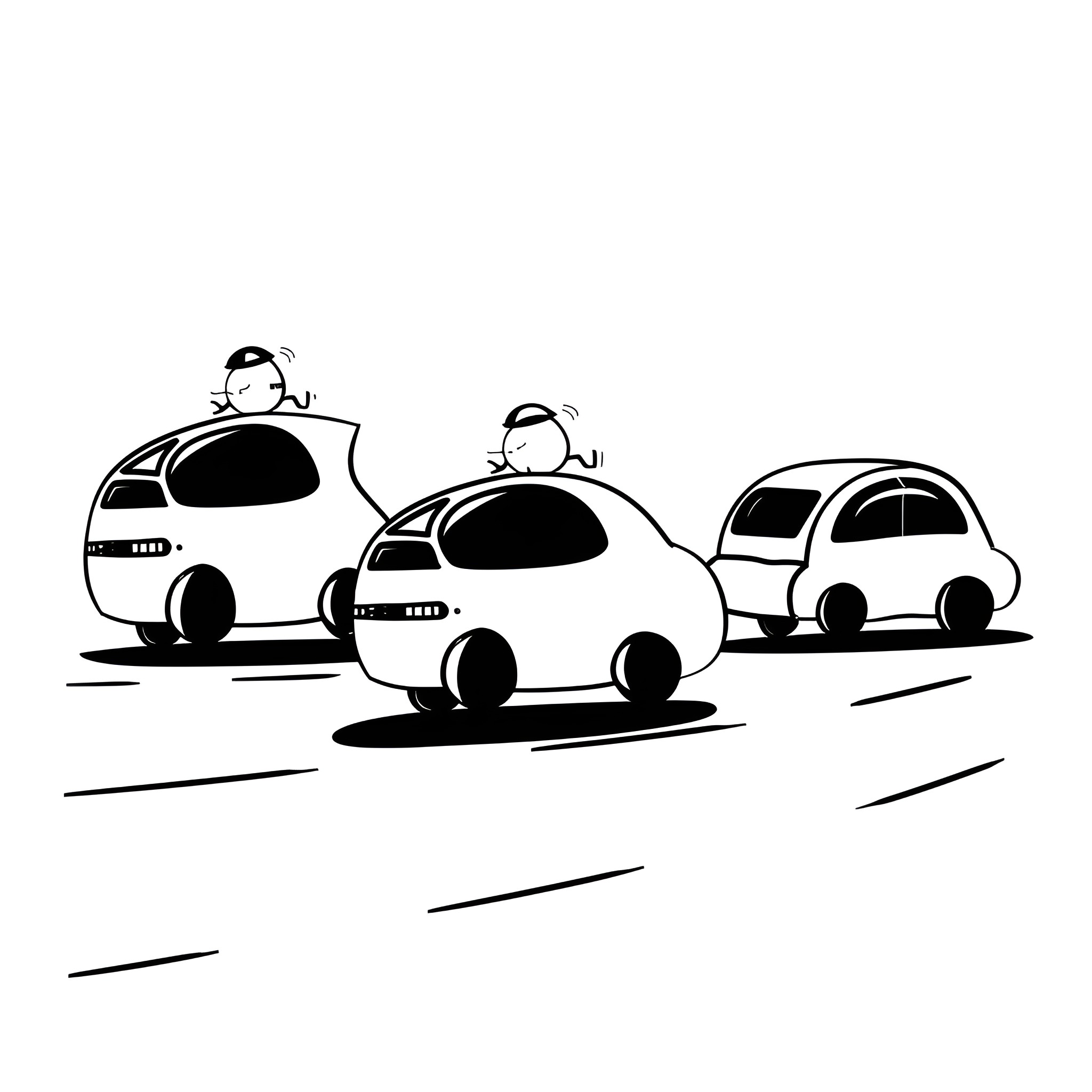 Weird cartoon cars on the road Drawing Idea (free black-and-white line drawing printable PDF for all, from beginners to advanced learners, including children, teens, adults, and seniors)