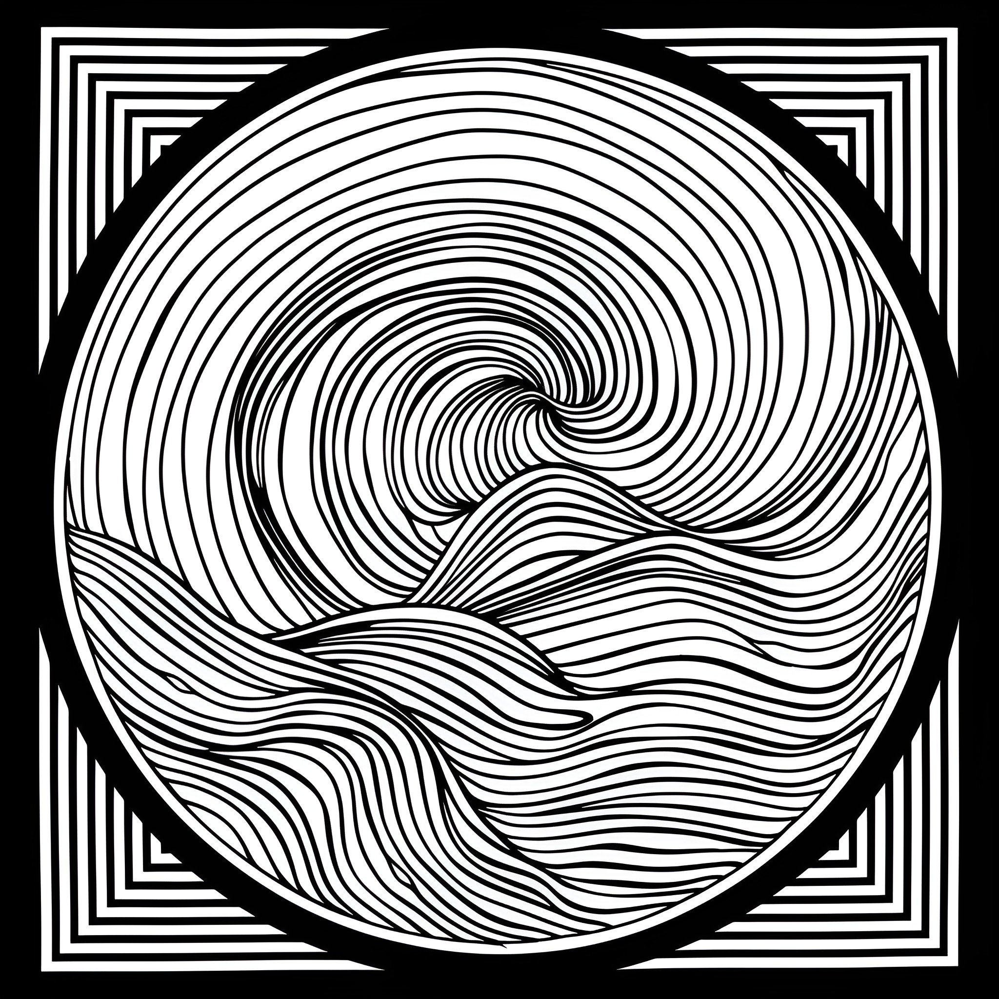 Mandala of Abstract Waves Drawing Idea (free black-and-white line drawing printable PDF for all, from beginners to advanced learners, including children, teens, adults, and seniors)