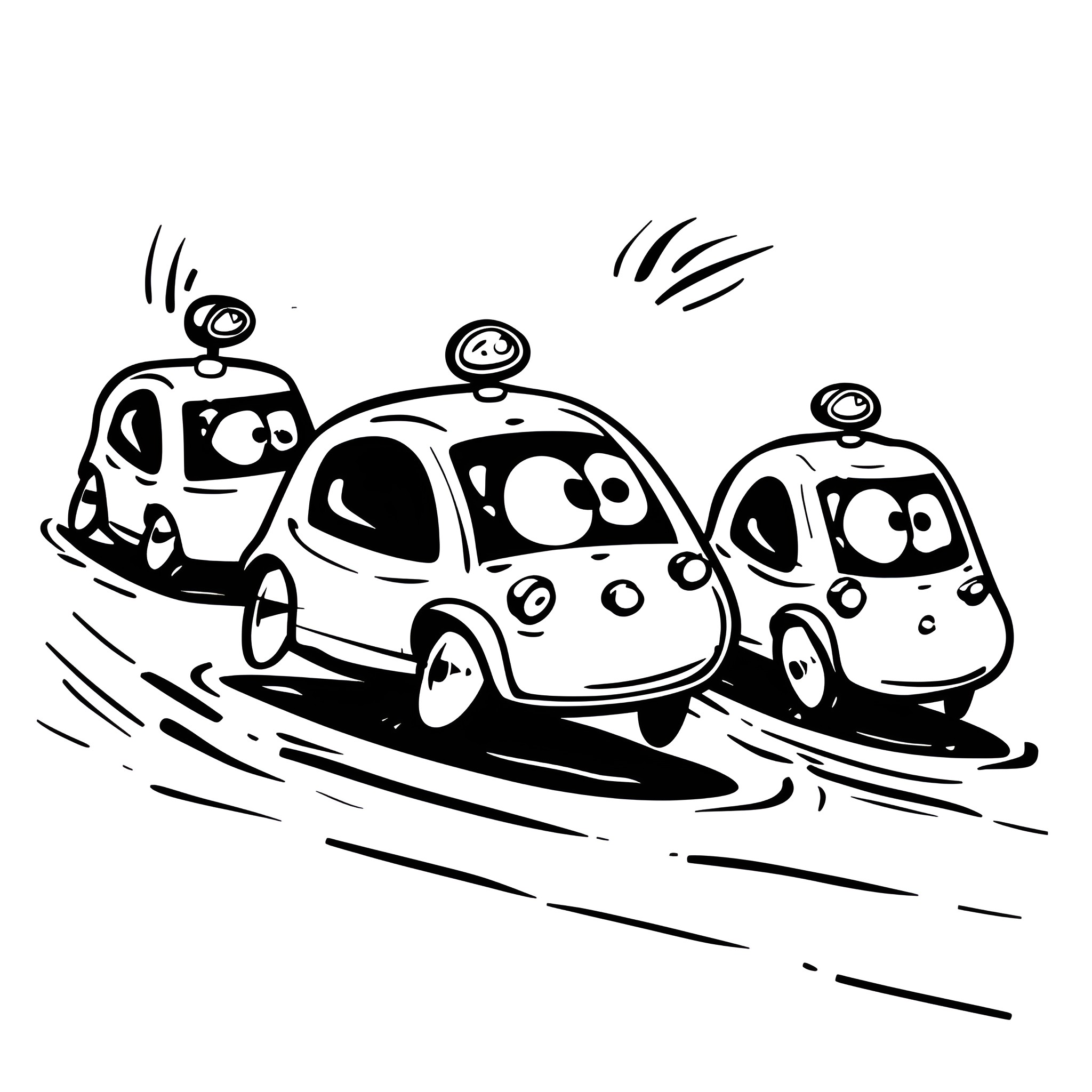 Weird Cartoon Cars Racing on Road Drawing Idea (free black-and-white line drawing printable PDF for all, from beginners to advanced learners, including children, teens, adults, and seniors)