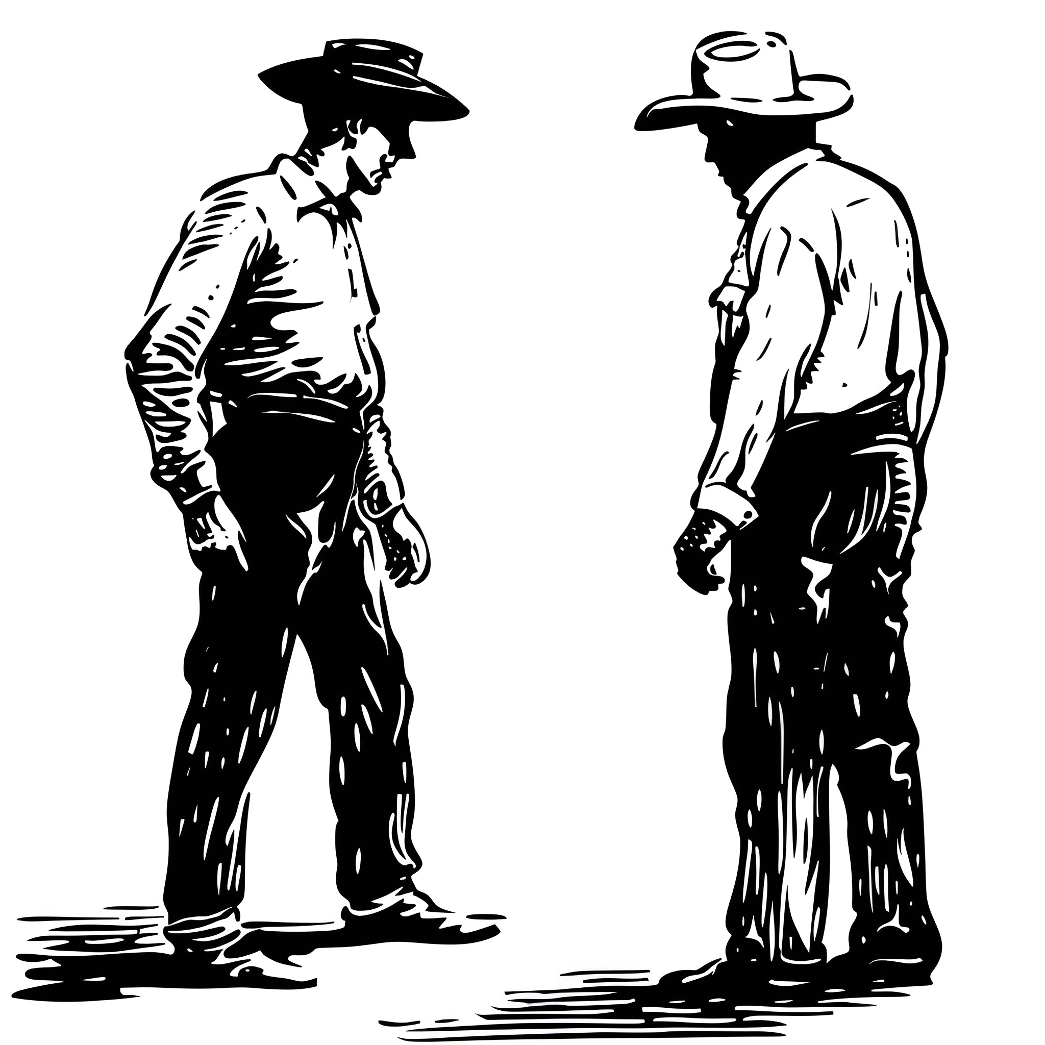 Western Standoff between Two Cowboys Drawing Idea (free black-and-white line drawing printable PDF for all, from beginners to advanced learners, including children, teens, adults, and seniors)
