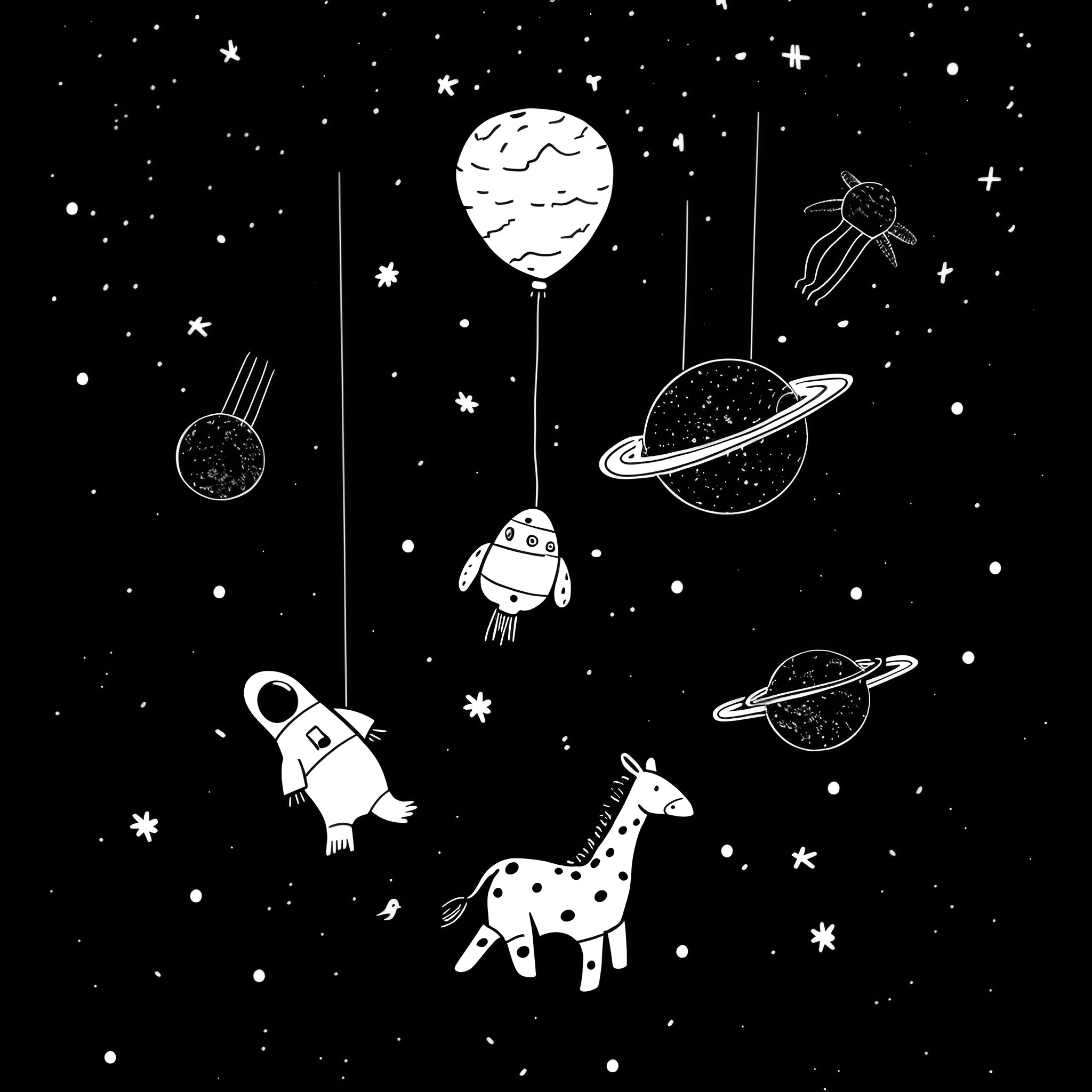 Weird space creatures in astronomical scene Drawing Idea (free black-and-white line drawing printable PDF for all, from beginners to advanced learners, including children, teens, adults, and seniors)