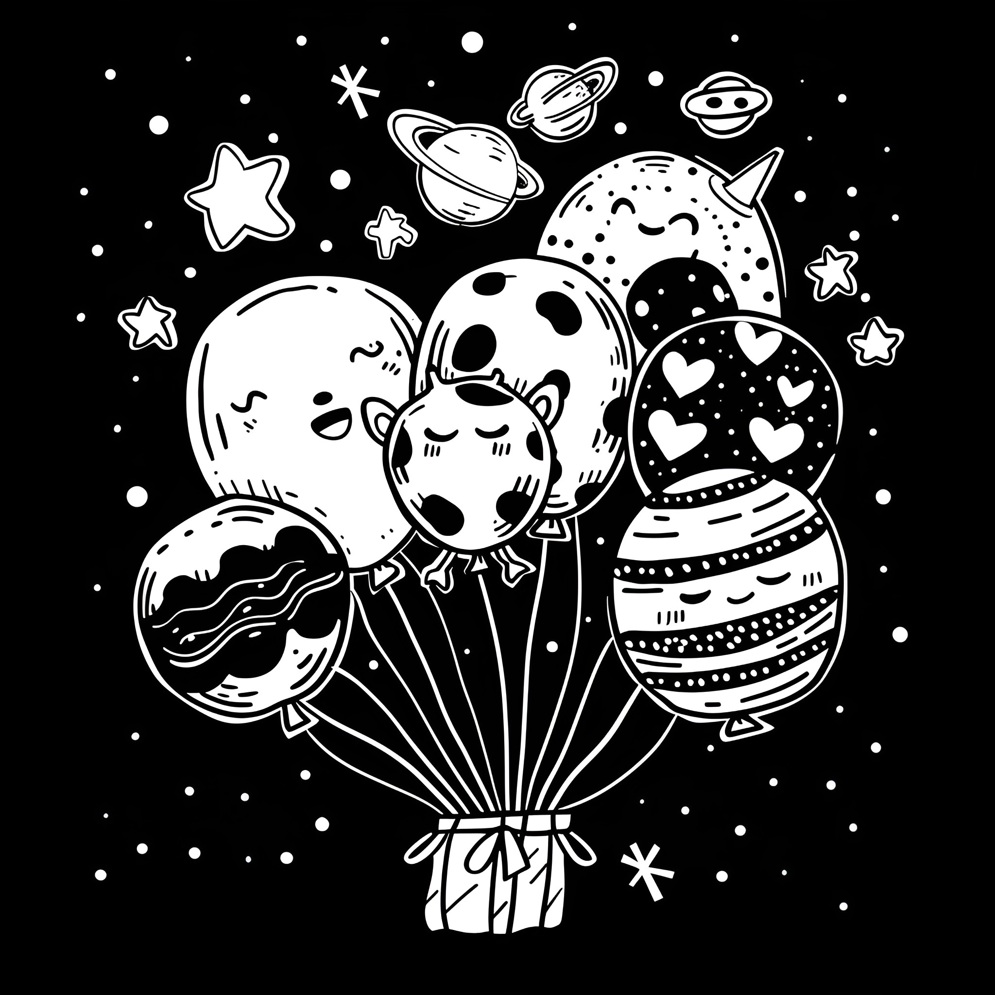Weird Celestial Balloons and Planets Drawing Idea (free black-and-white line drawing printable PDF for all, from beginners to advanced learners, including children, teens, adults, and seniors)