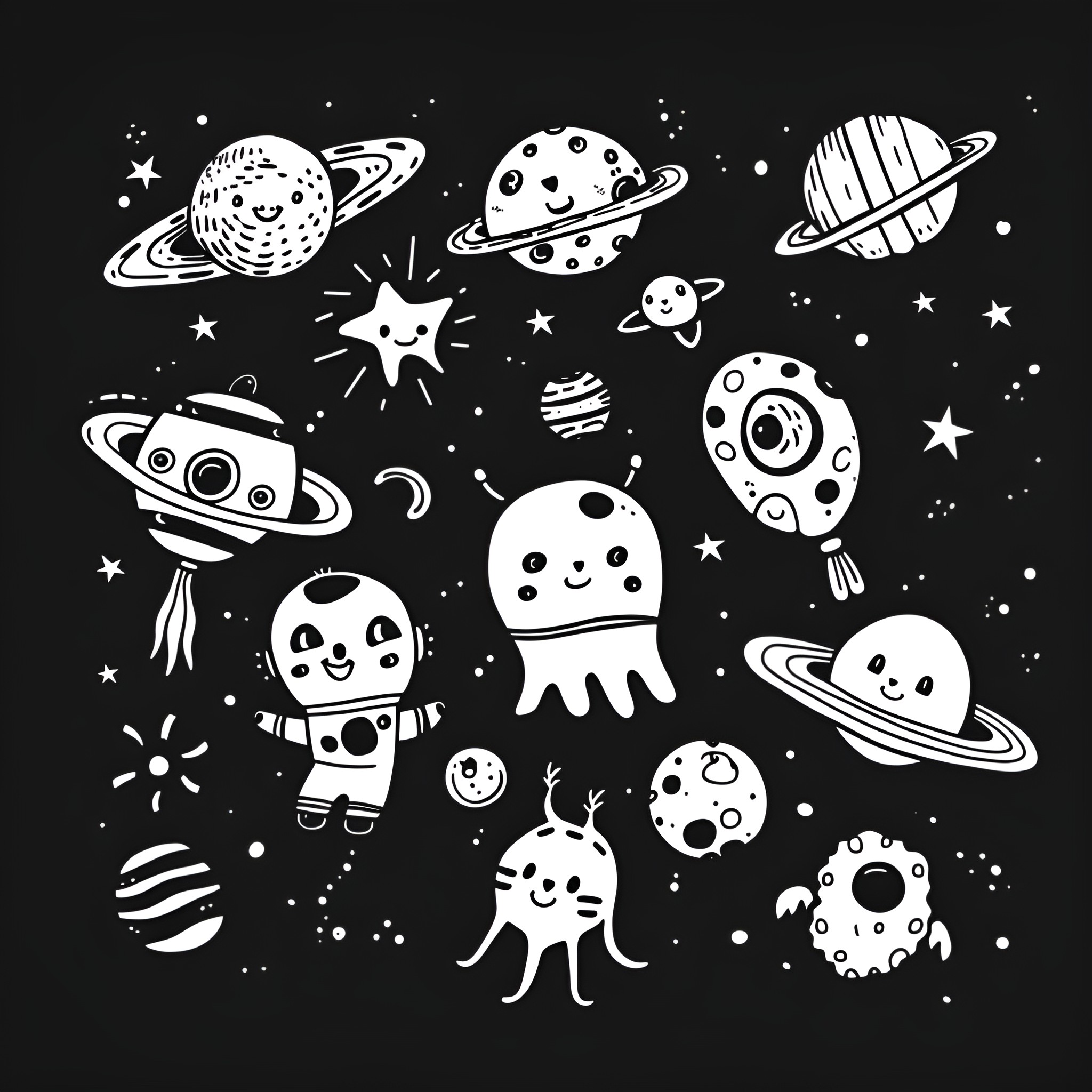 Weird Space Creatures and Planets Drawing Idea (free black-and-white line drawing printable PDF for all, from beginners to advanced learners, including children, teens, adults, and seniors)