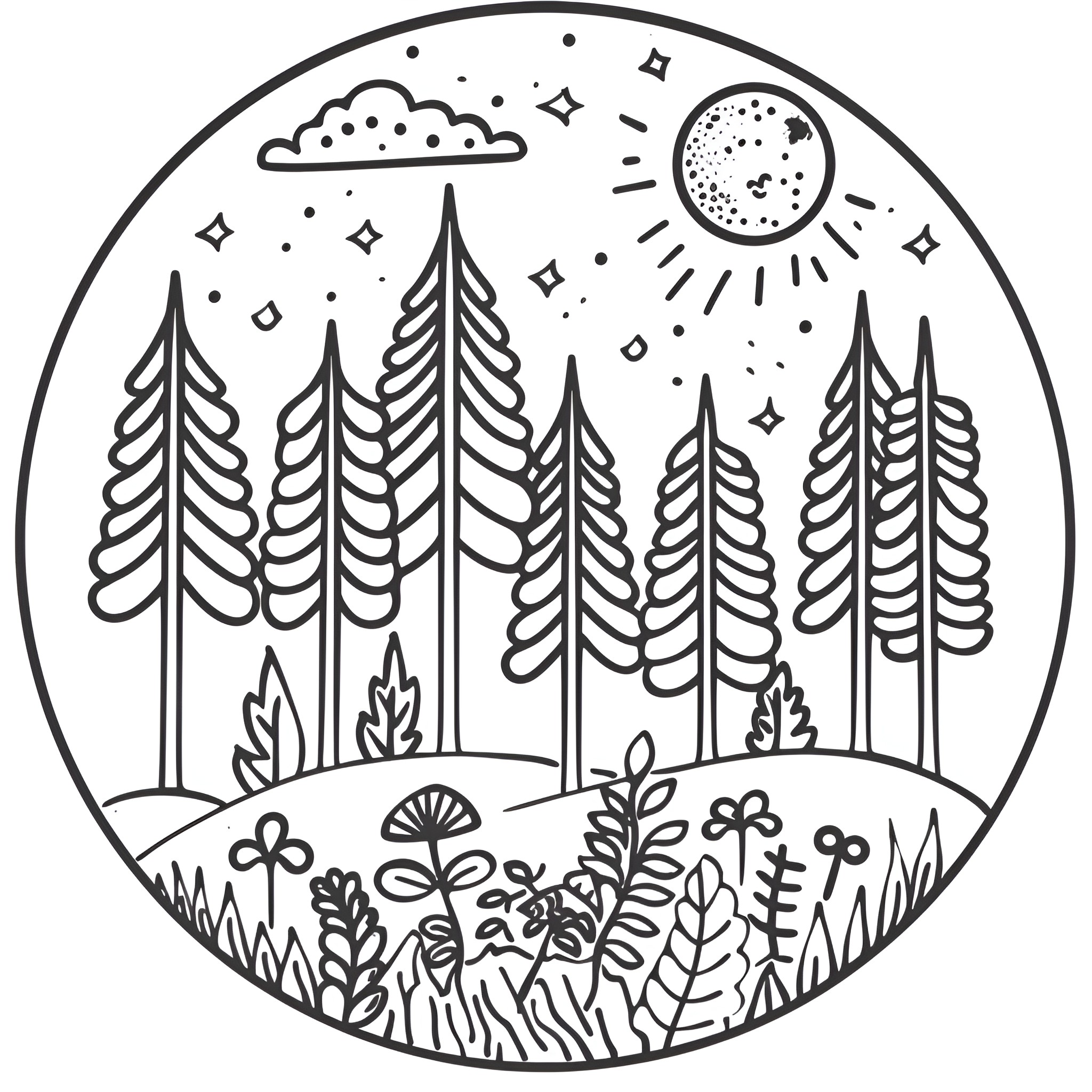Mandala of whimsical forest scene Drawing Idea (free black-and-white line drawing printable PDF for all, from beginners to advanced learners, including children, teens, adults, and seniors)